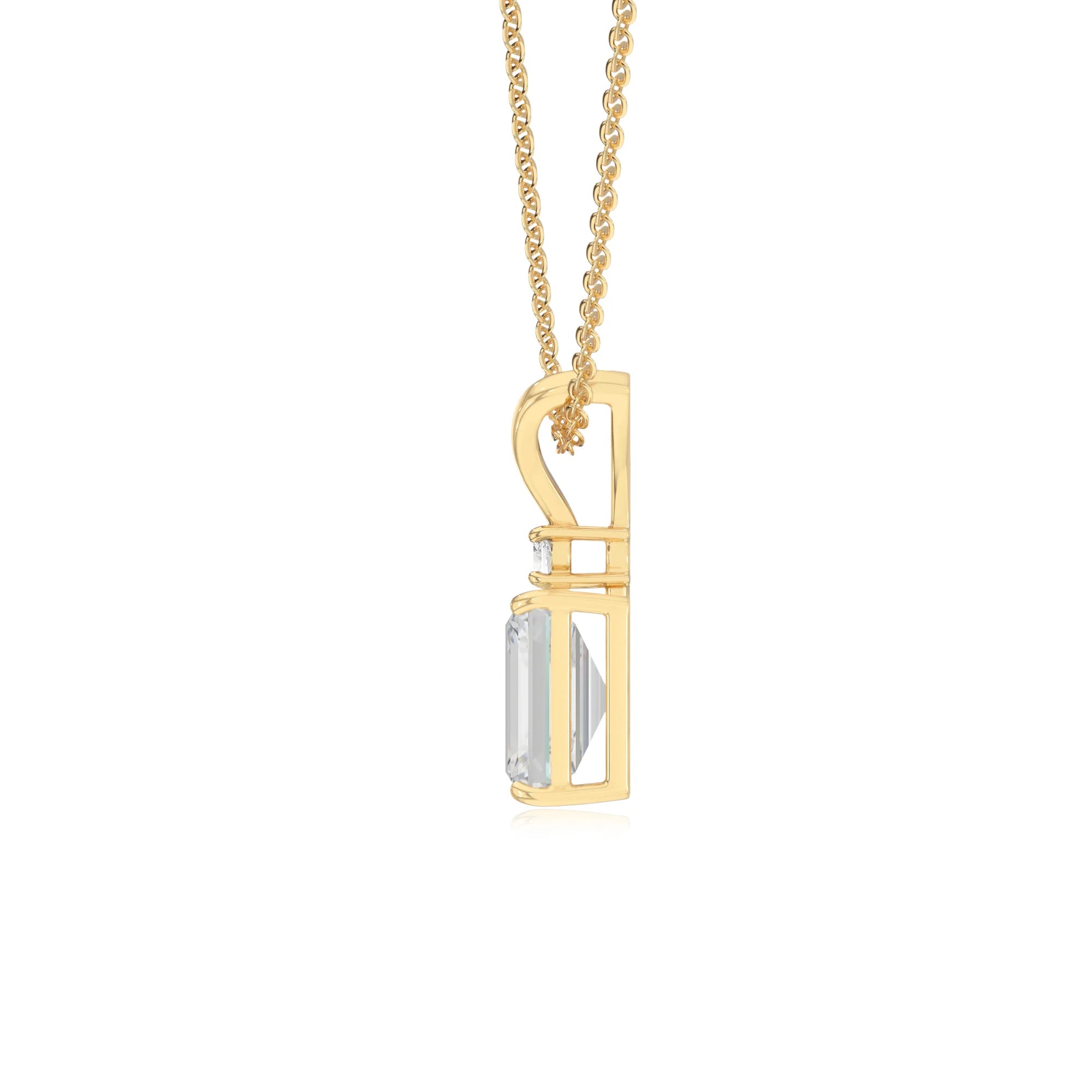 lab grown moissanite emerald cut solitaire v-bale necklaces in yellow gold 