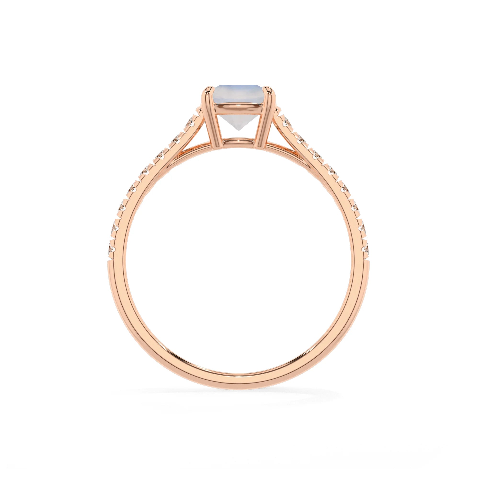 natural rainbow-moonstone cushion half eternity solitaire engagement rings in rose gold 