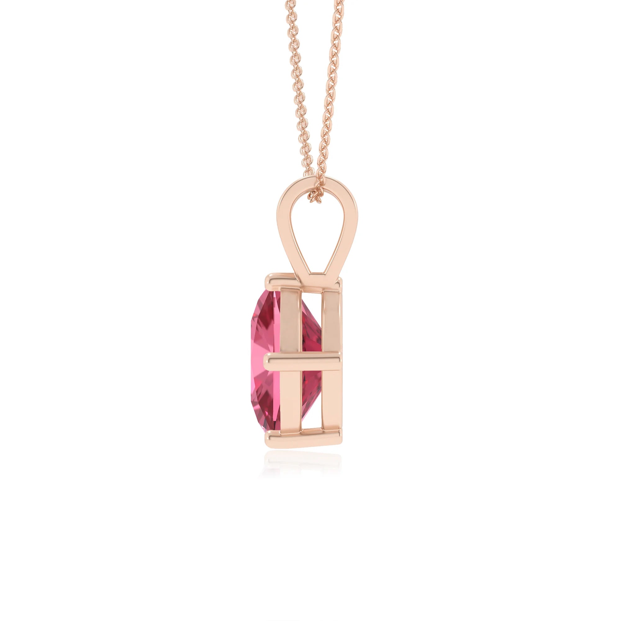 lab grown pink-tourmaline cushion solitaire v-bale necklaces in rose gold 
