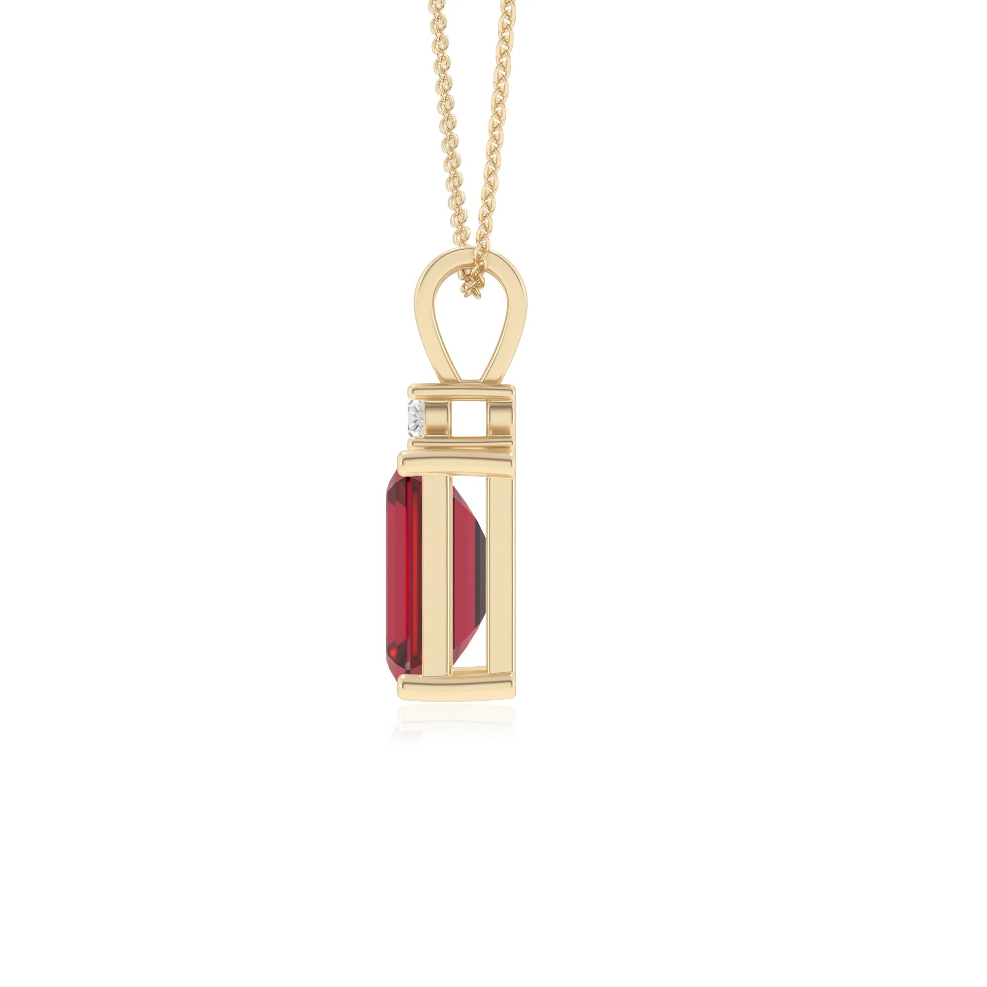 lab grown ruby emerald cut solitaire v-bale necklaces in yellow gold 