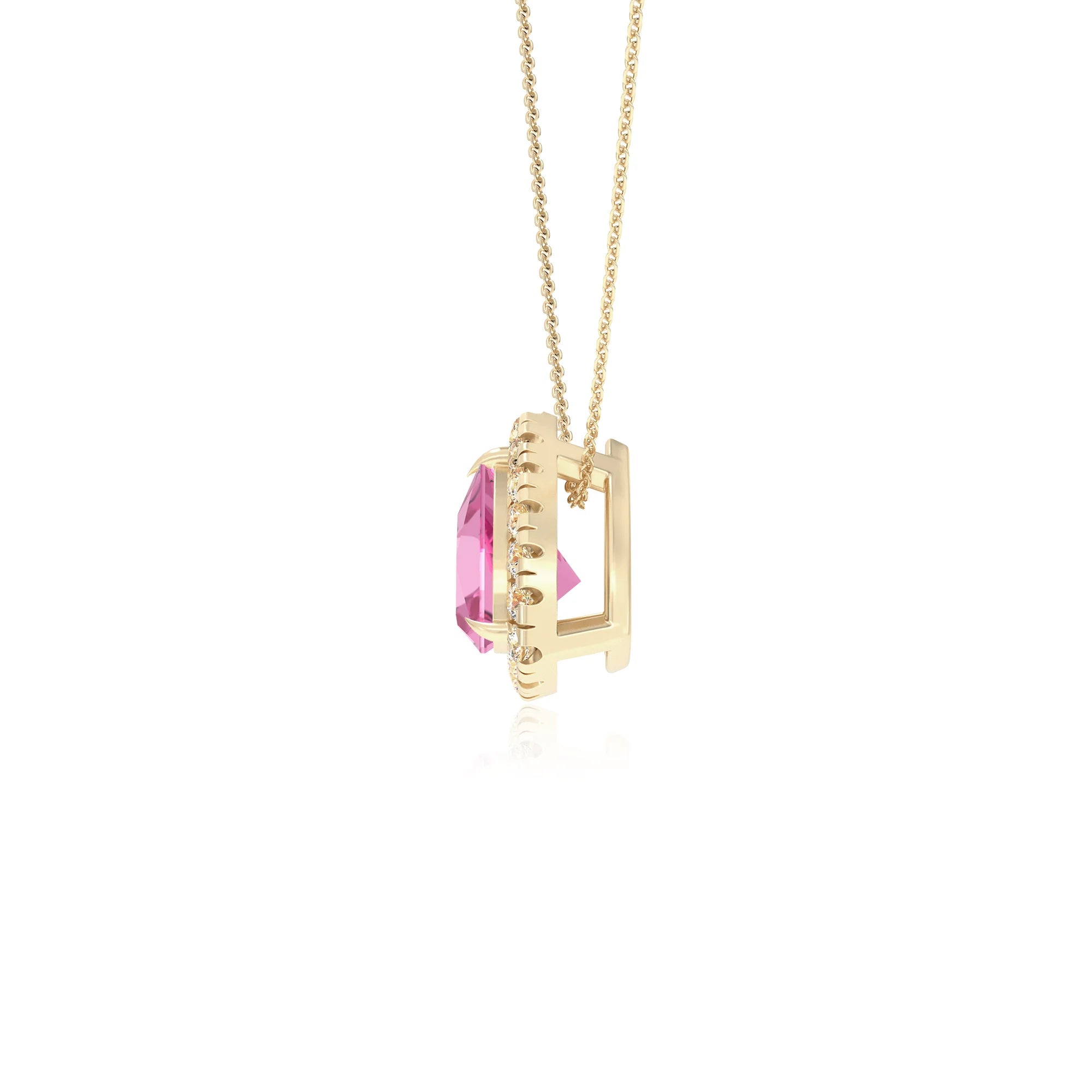 lab grown pink sapphire trillion solitaire necklaces in yellow gold 