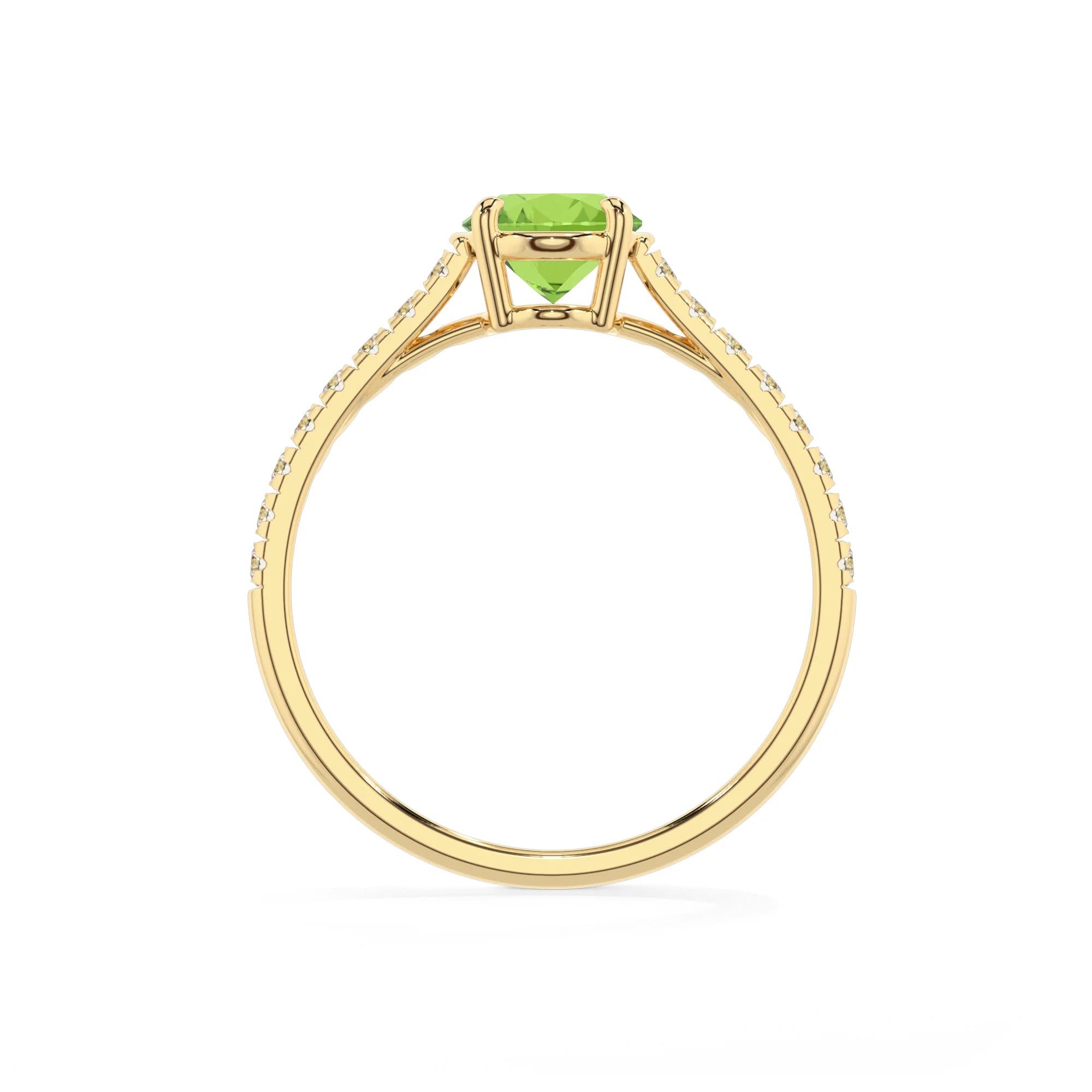 natural peridot oval half eternity solitaire engagement rings in yellow gold 