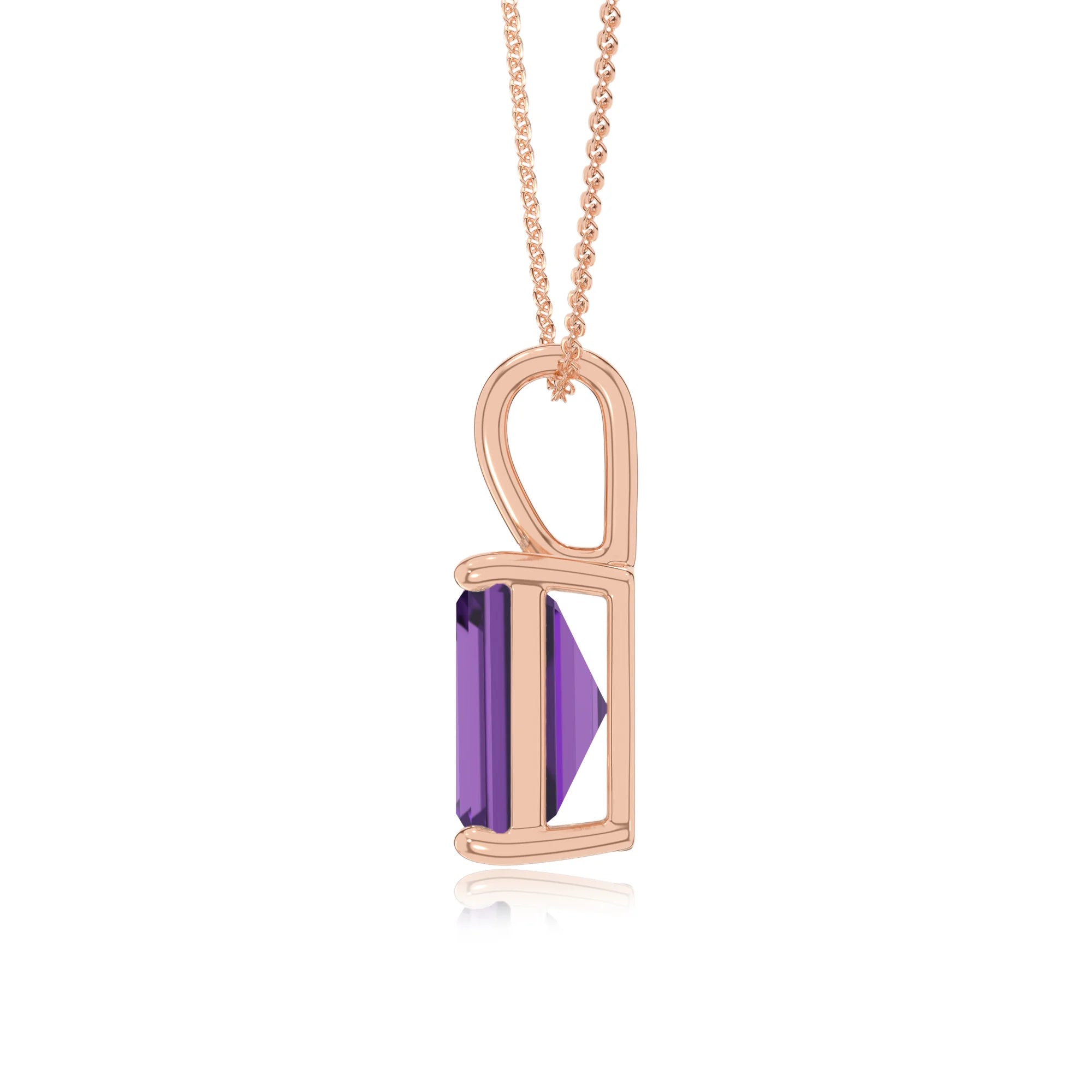 lab grown amethyst emerald cut solitaire necklaces in rose gold 
