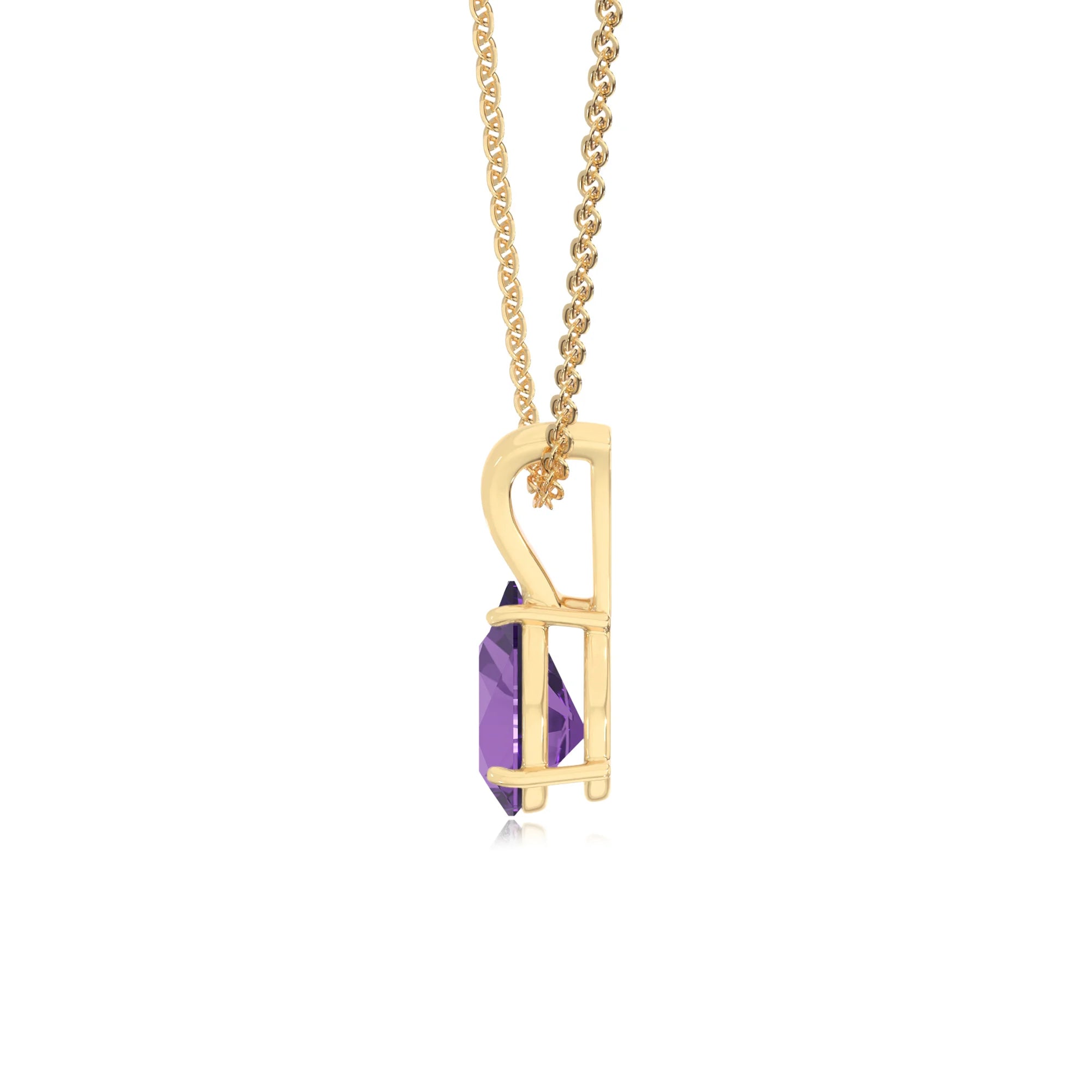 lab grown amethyst pear solitaire v-bale necklaces in yellow gold 