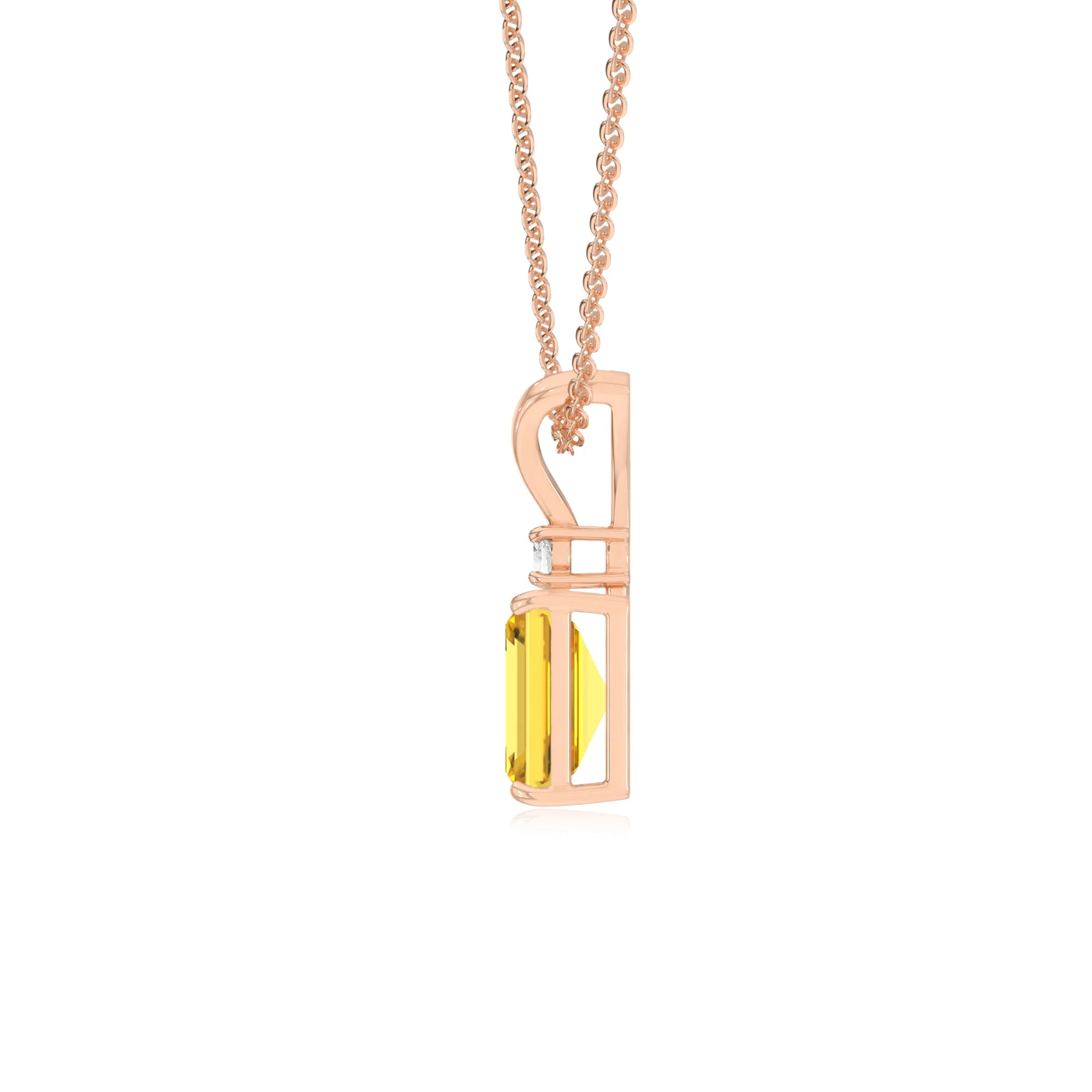 lab grown yellow-sapphire emerald cut solitaire v-bale necklaces in rose gold 