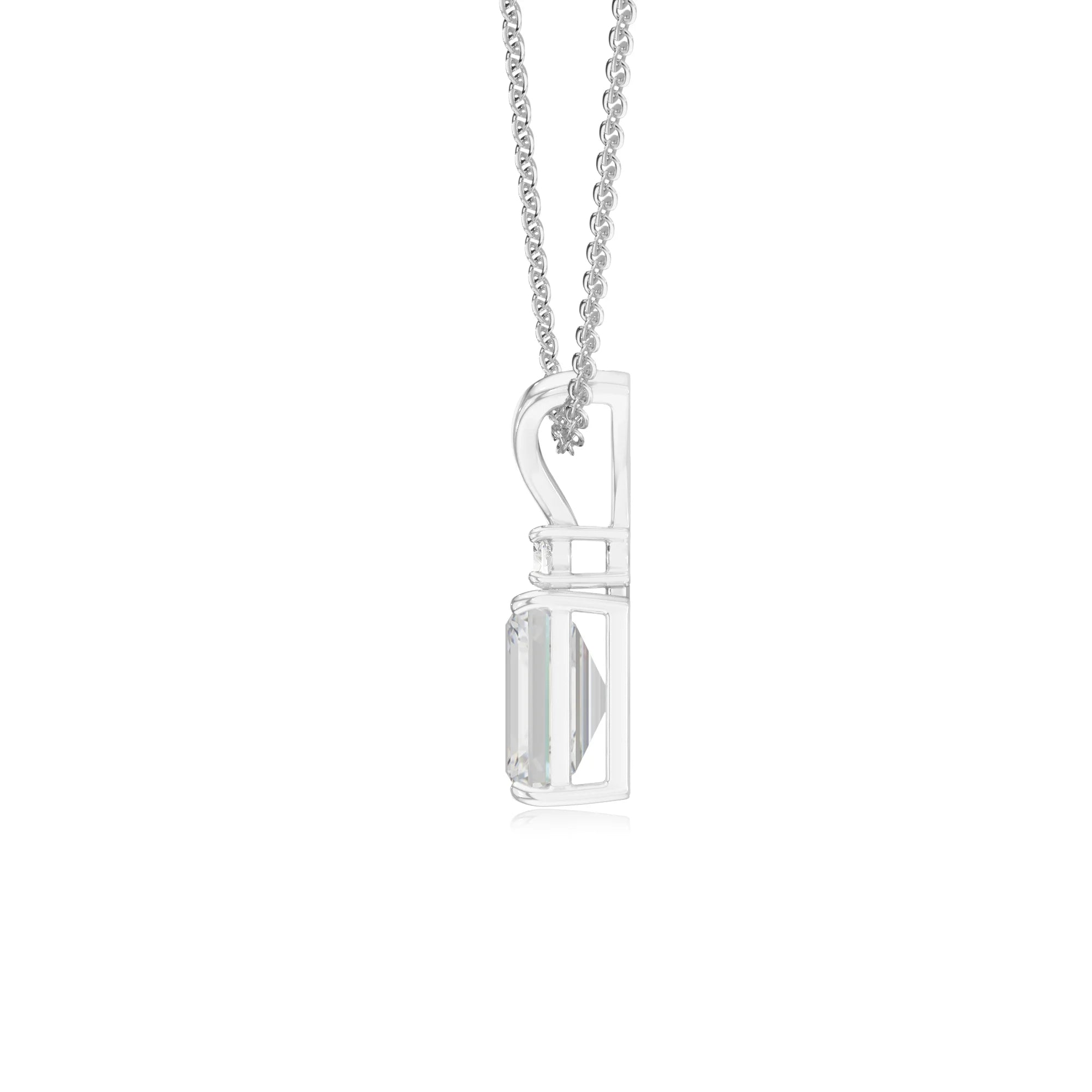 lab grown moissanite emerald cut solitaire v-bale necklaces in platinum 