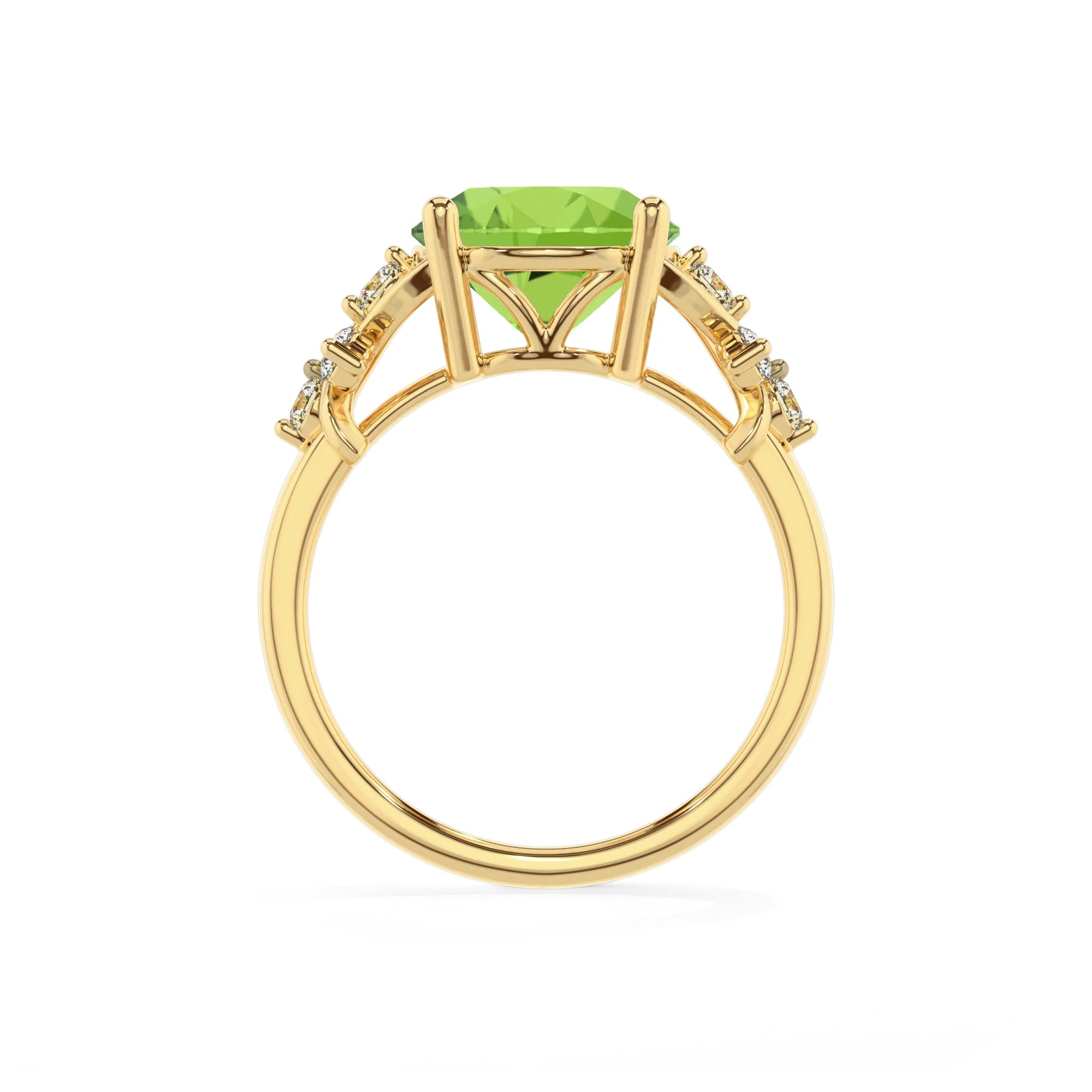 natural peridot round solitaire rings in yellow gold 