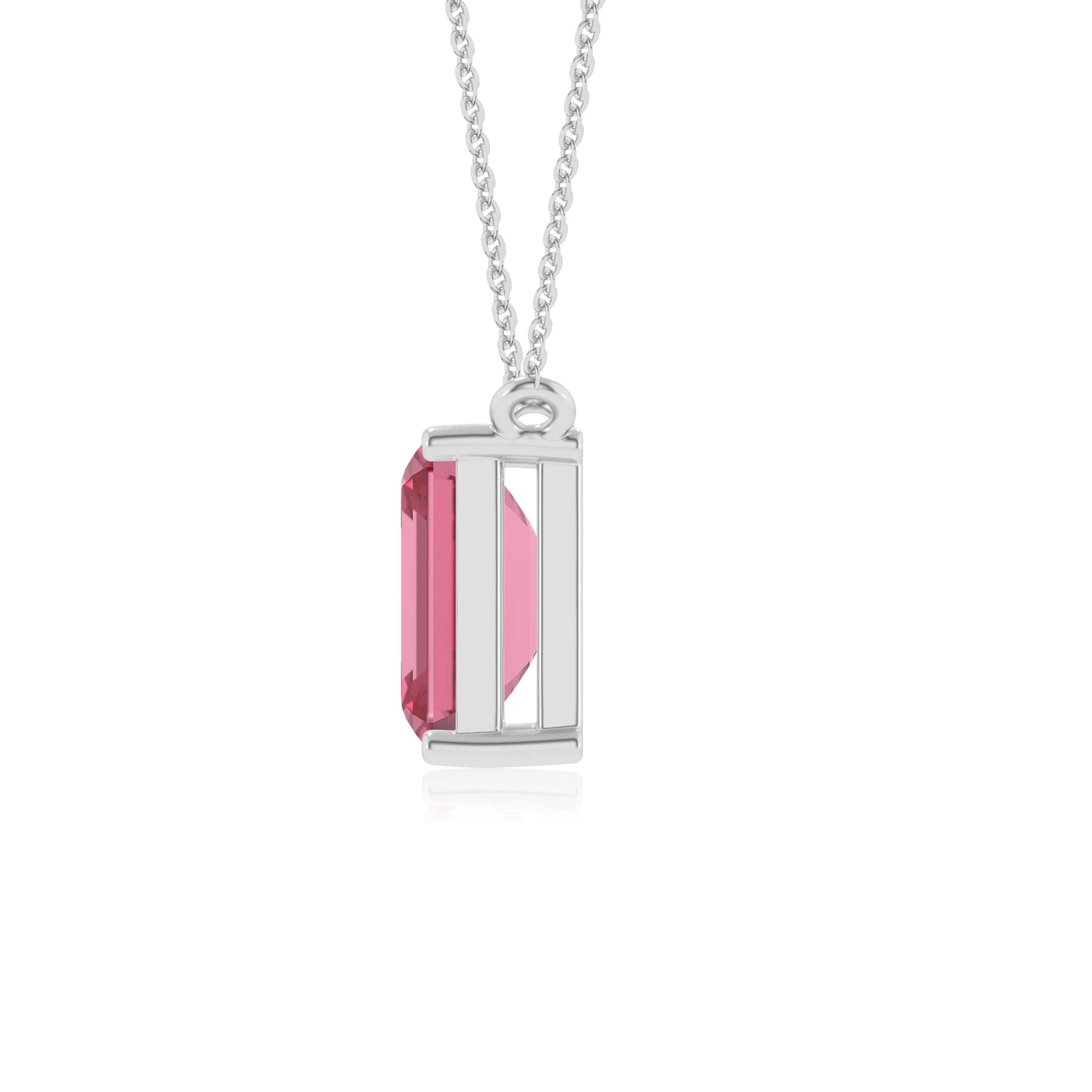 lab grown pink-tourmaline emerald cut solitaire necklaces in platinum 
