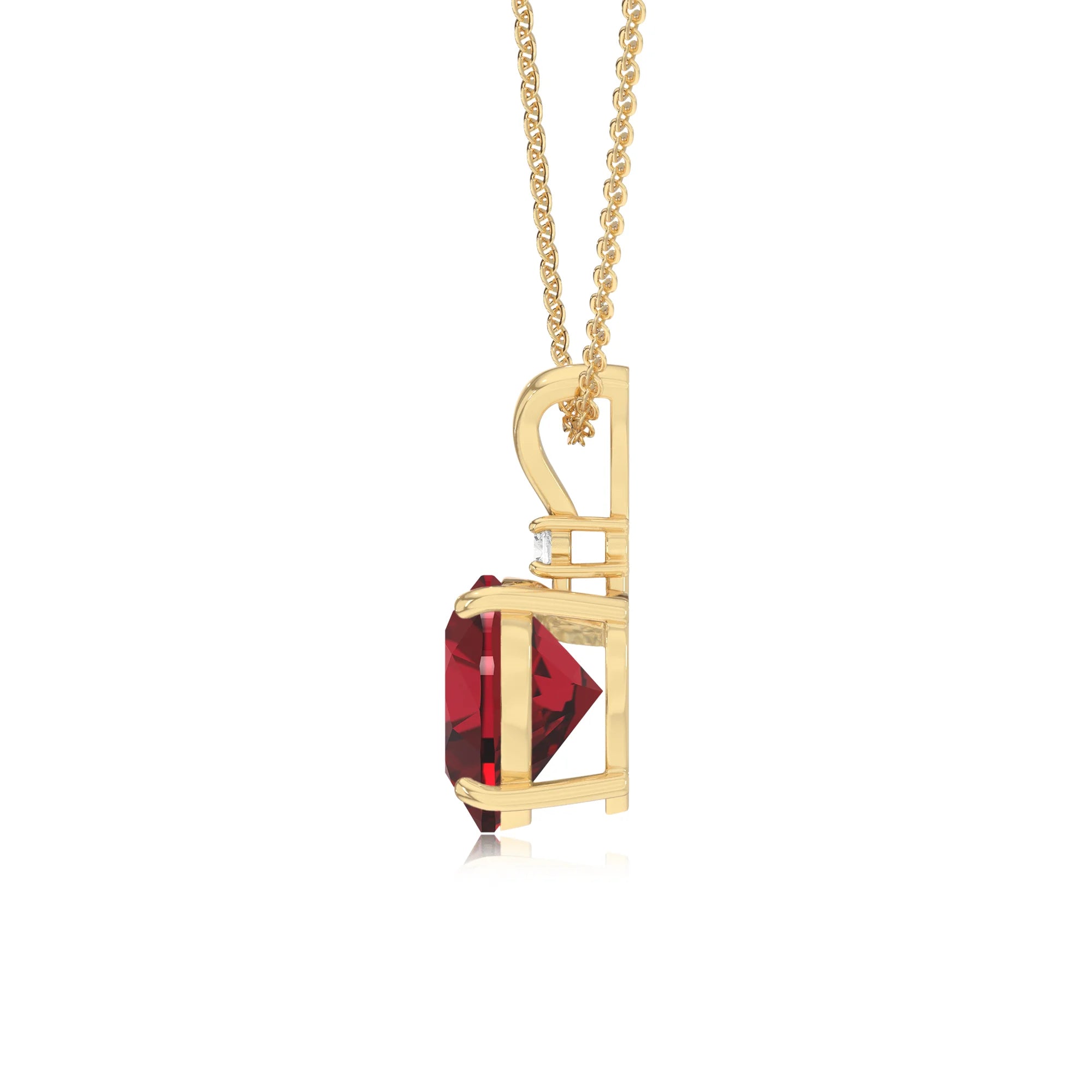 lab grown ruby heart solitaire v-bale necklaces in yellow gold 