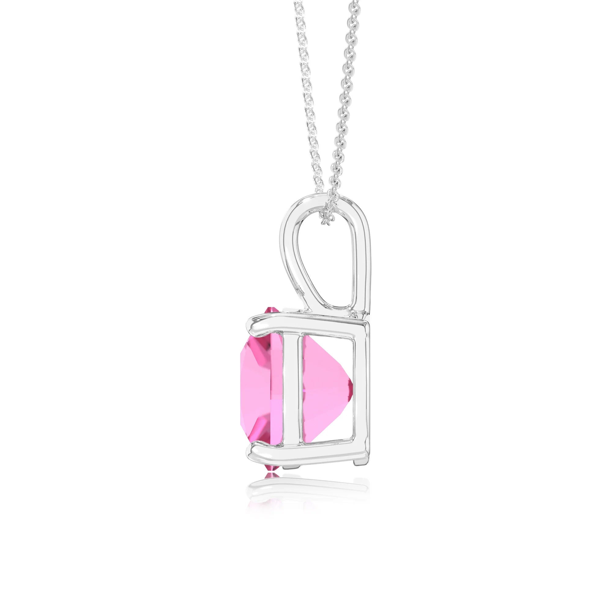 lab grown pink-sapphire cushion solitaire necklaces in sterling silver 