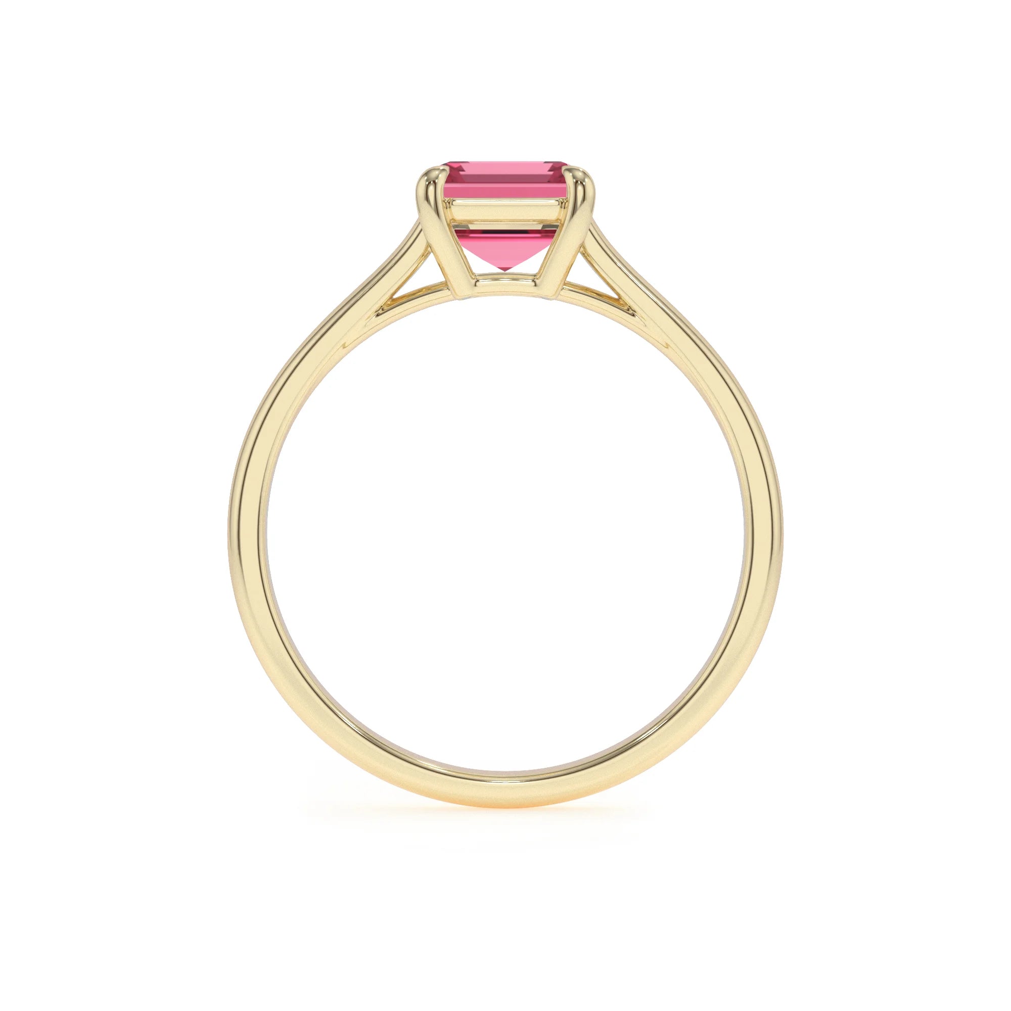 lab grown pink-tourmaline emerald cut solitaire rings in yellow gold 