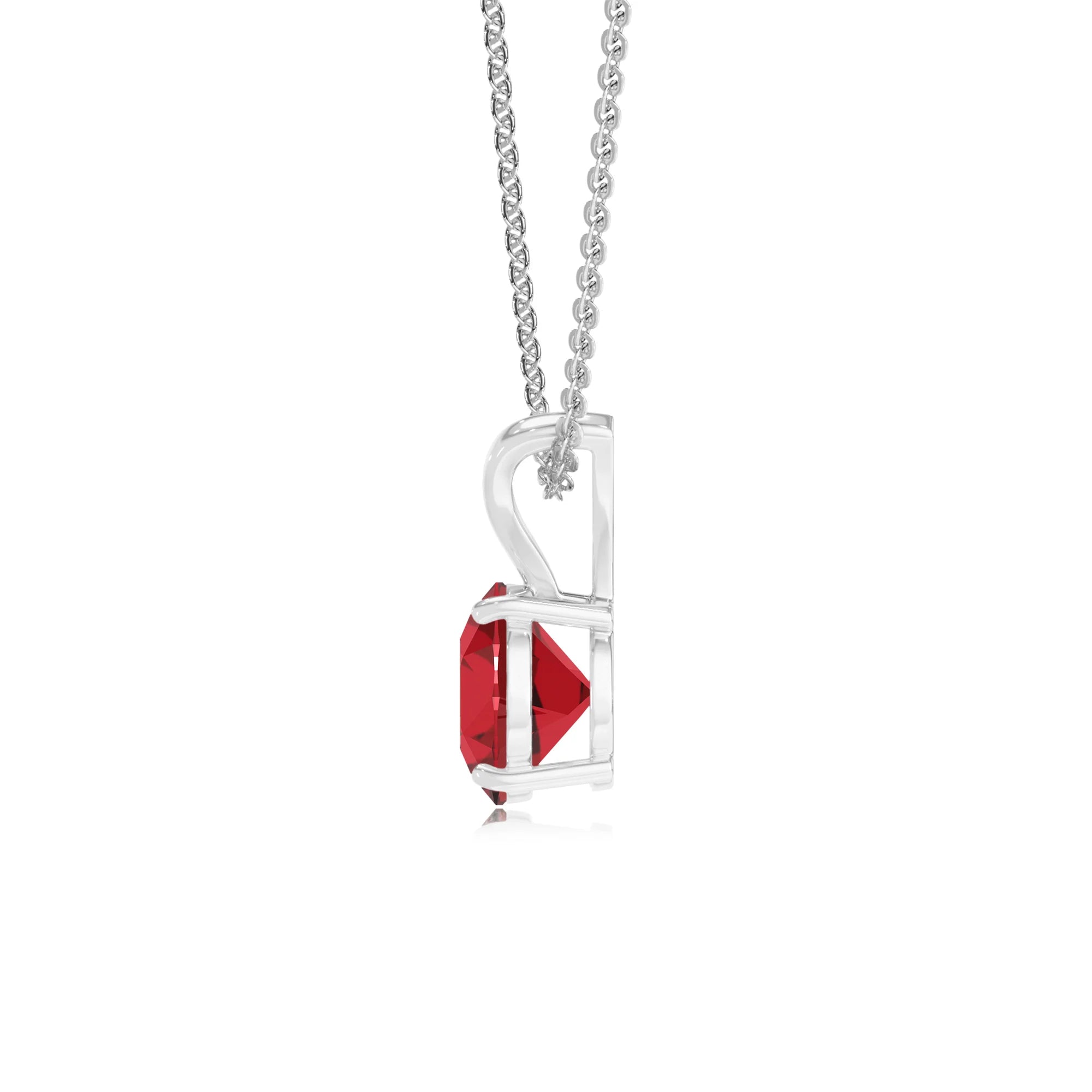 lab grown ruby round solitaire v-bale necklaces in sterling silver 