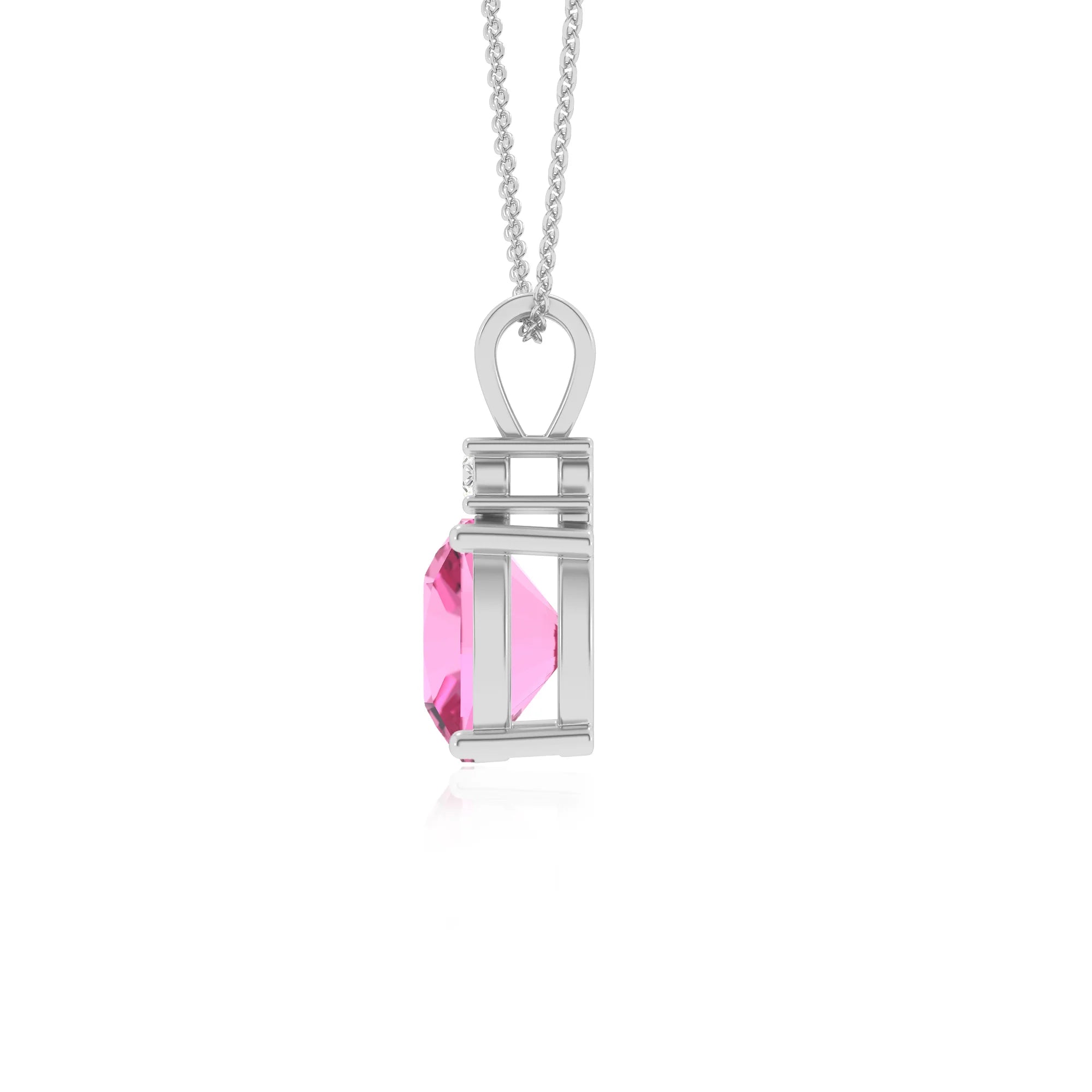 lab grown pink-sapphire cushion solitaire v-bale necklaces in white gold 