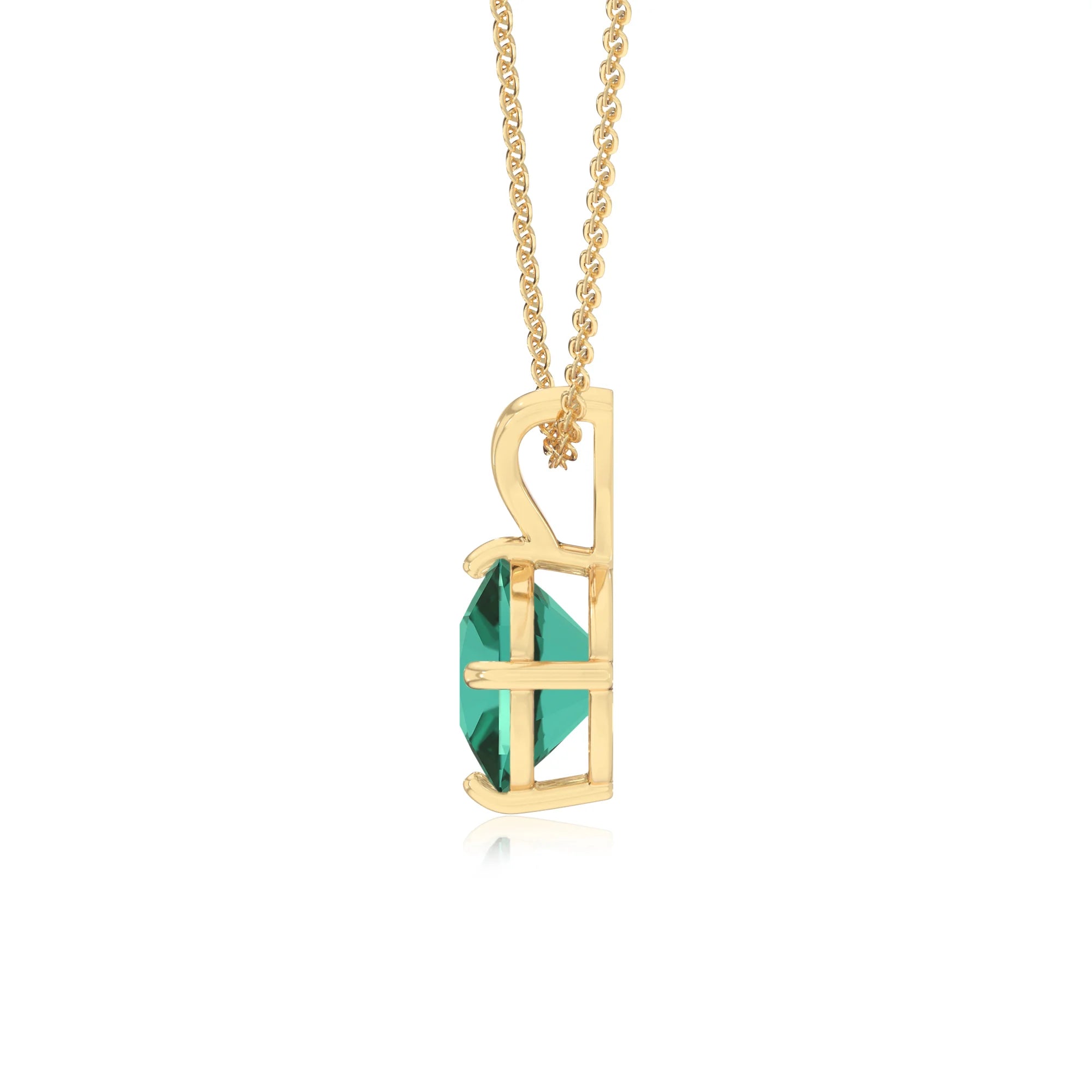 lab grown emerald cushion solitaire v-bale necklaces in yellow gold 