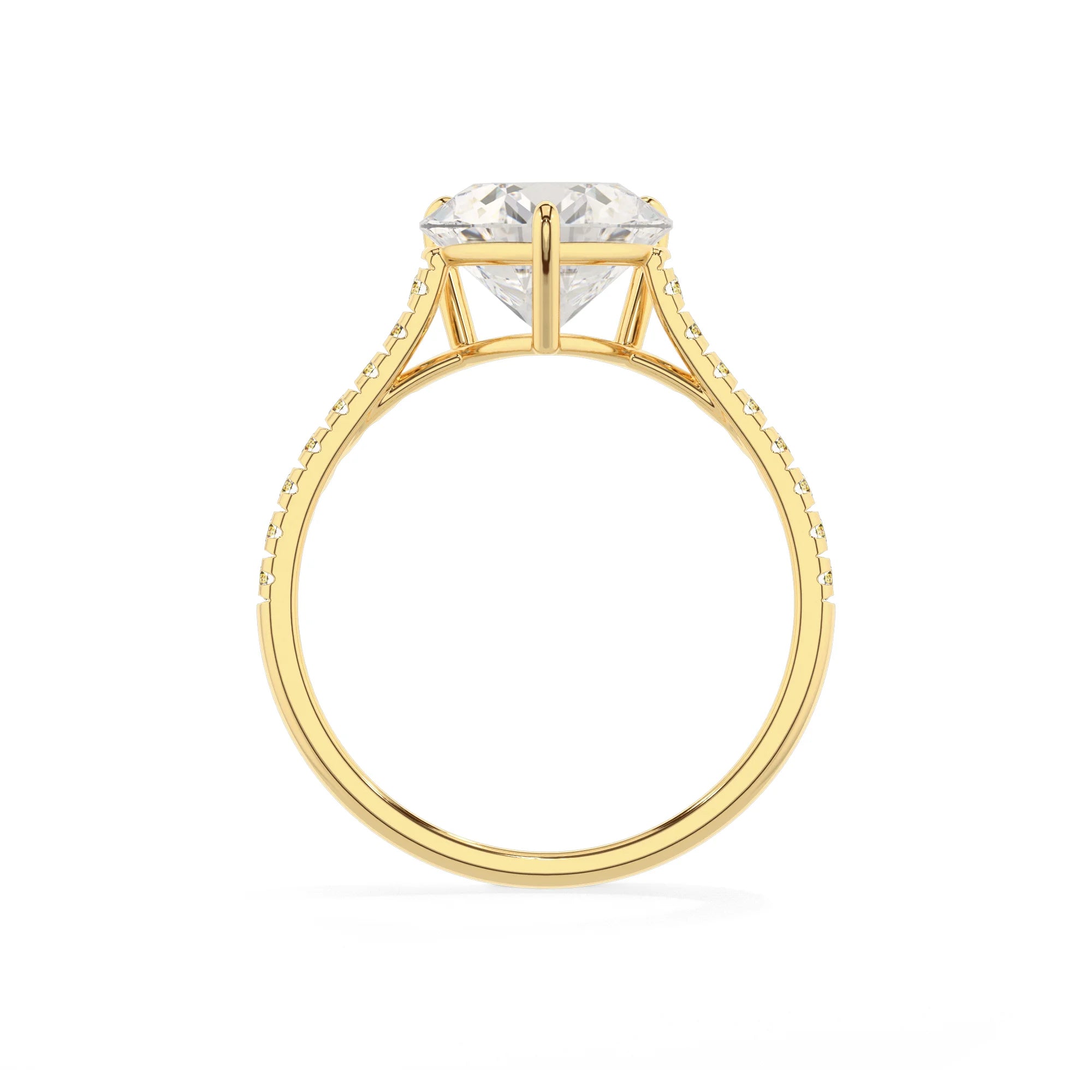 lab grown moissanite heart half eternity solitaire engagement rings in yellow gold 