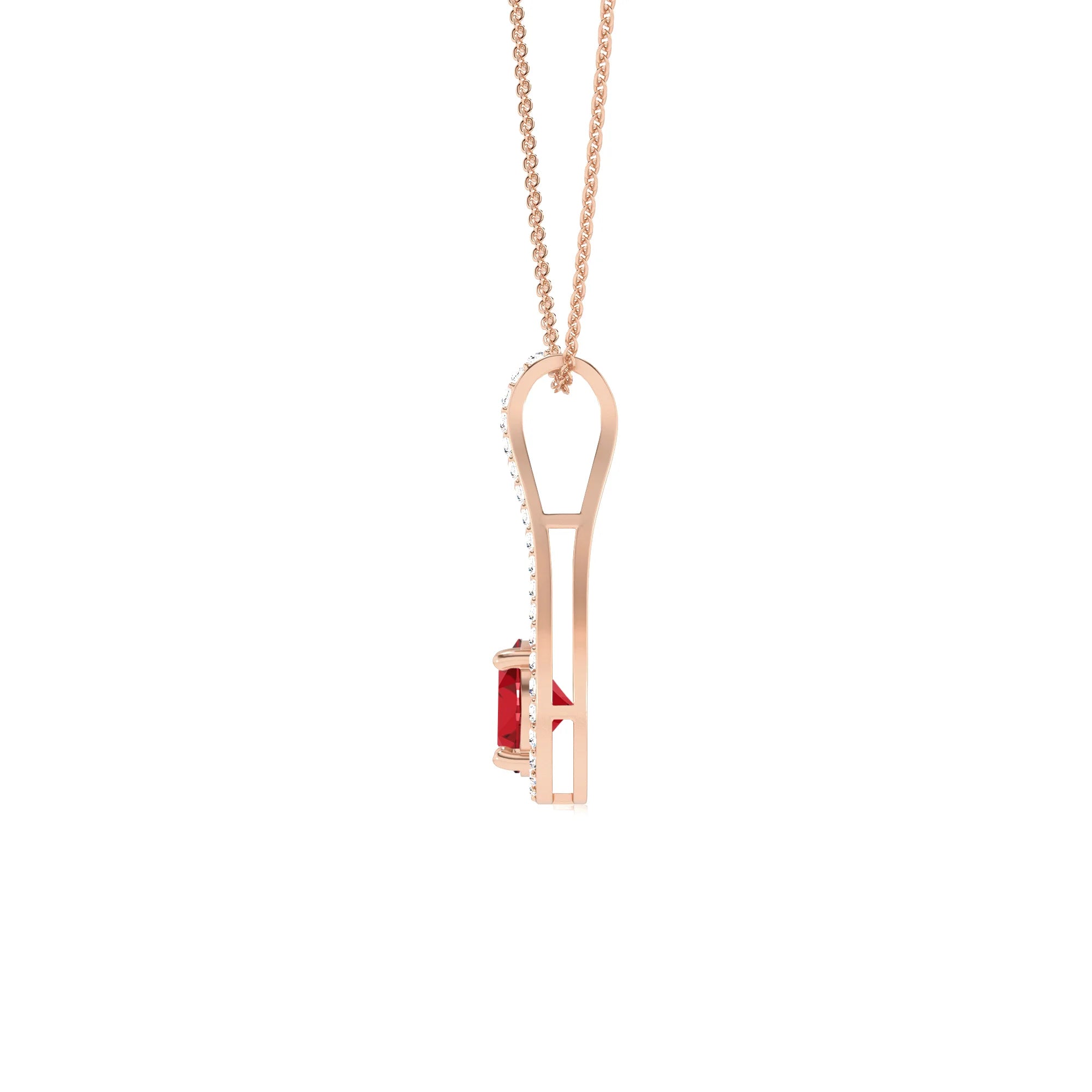 lab grown ruby round solitaire v-bale necklaces in rose gold 