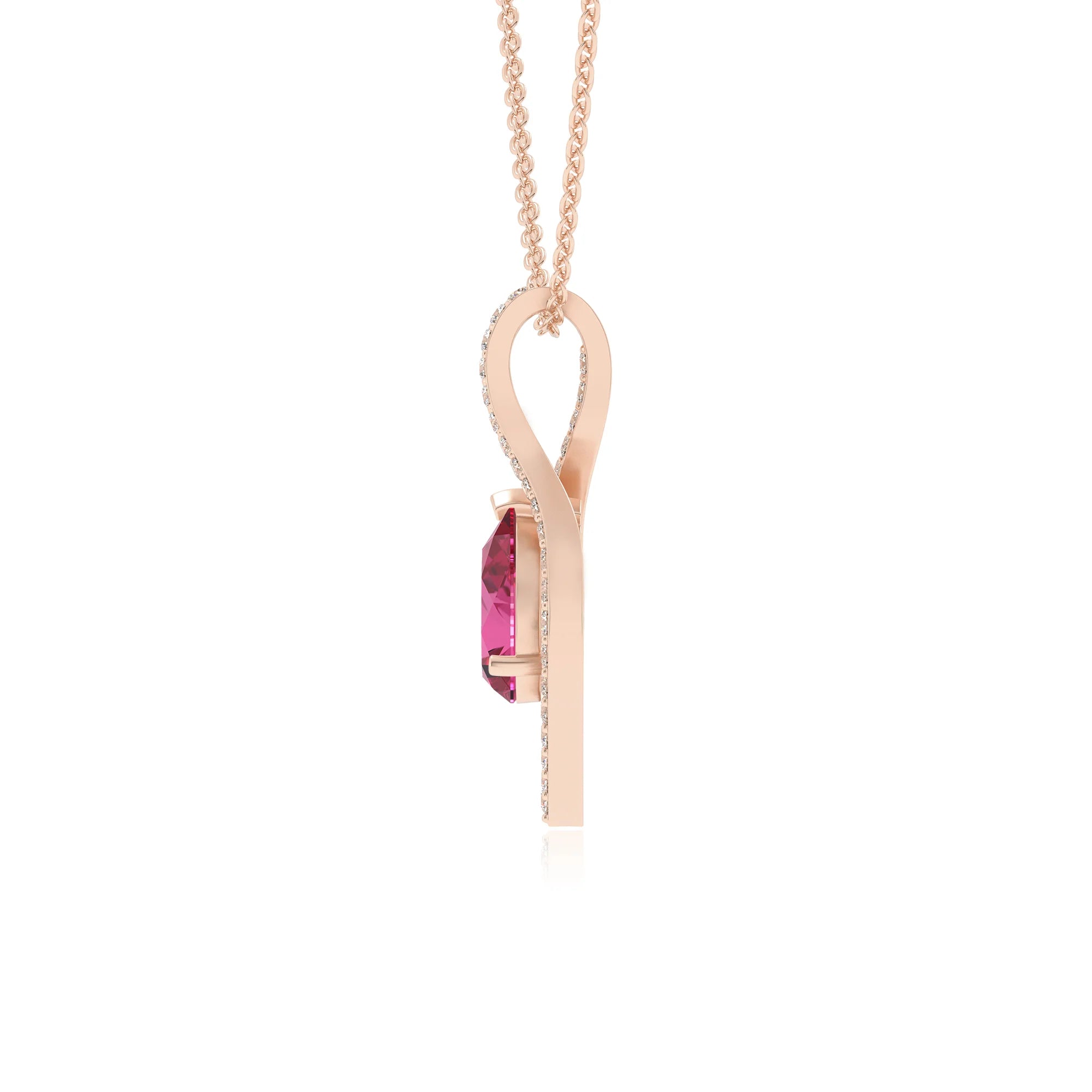 lab grown pink-sapphire pear infinity necklaces in rose gold 