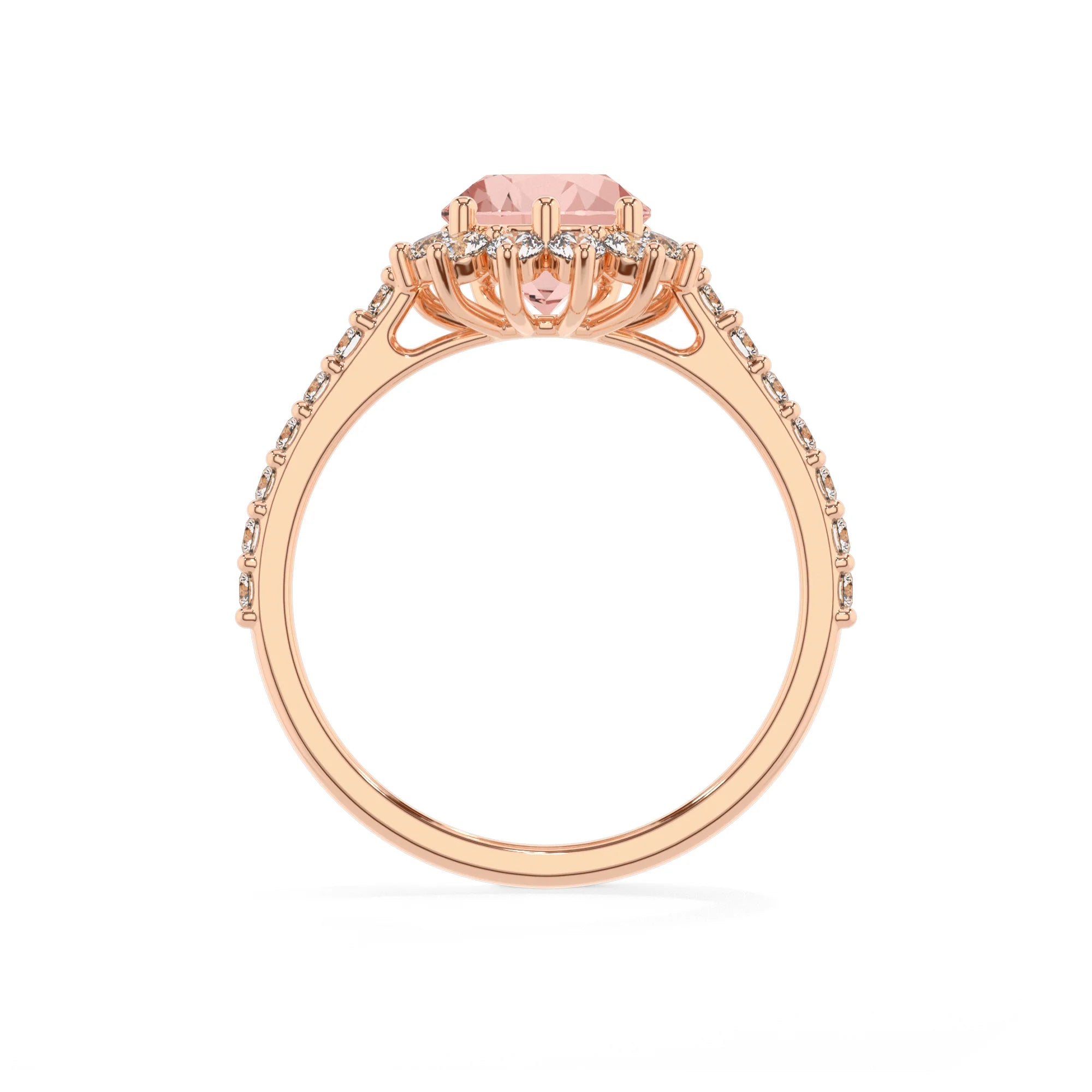 lab grown morganite pear solitaire rings in rose gold 