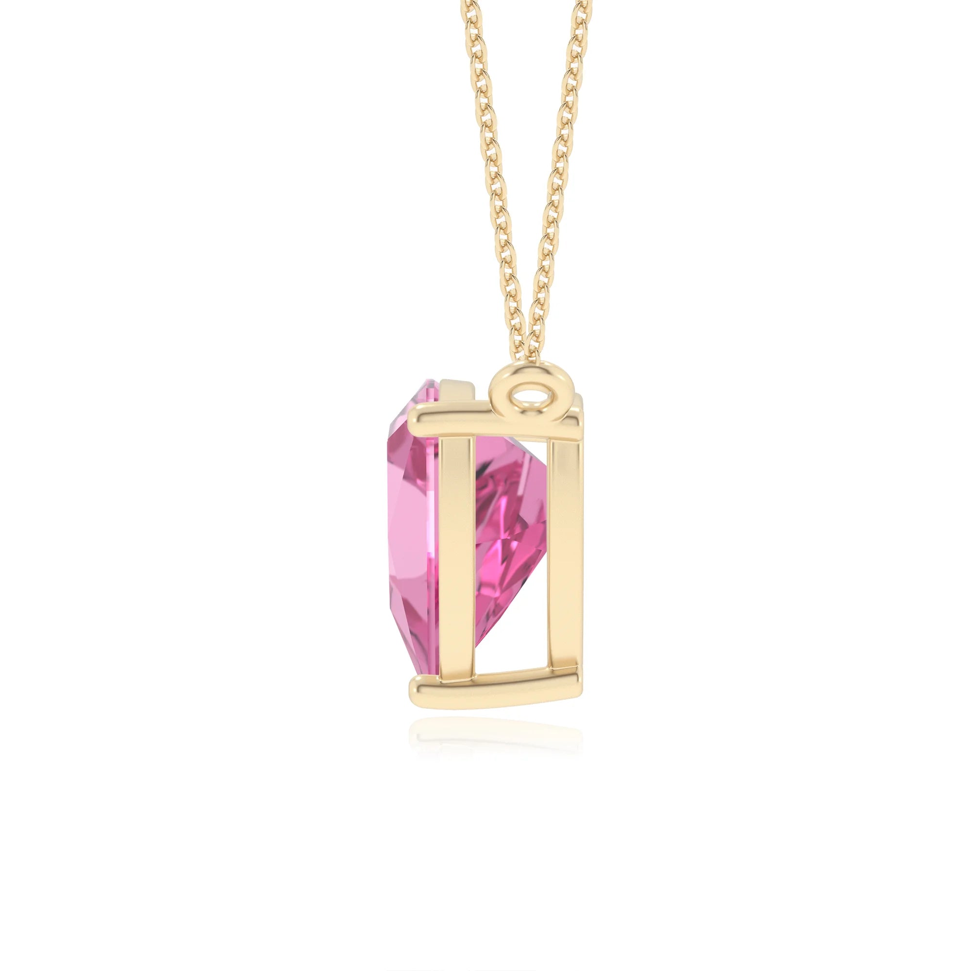lab grown pink-sapphire trillion solitaire necklaces in yellow gold 