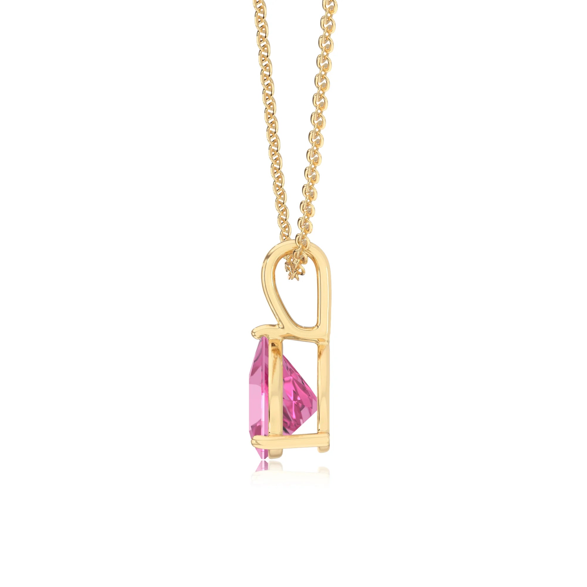 lab grown pink-sapphire trillion solitaire necklaces in yellow gold 