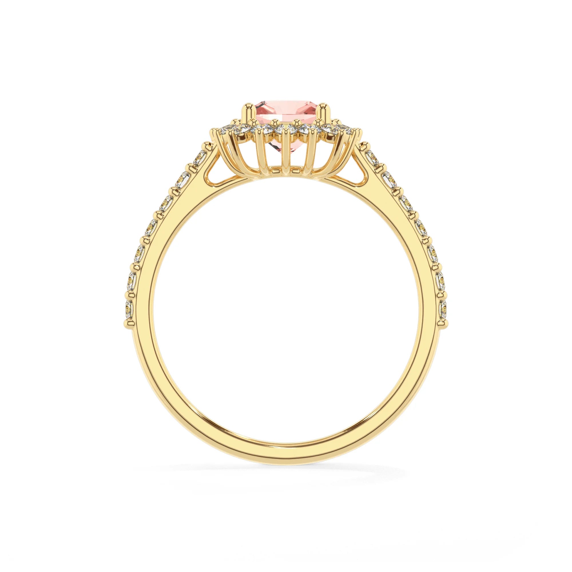 lab grown morganite cushion solitaire rings in yellow gold 