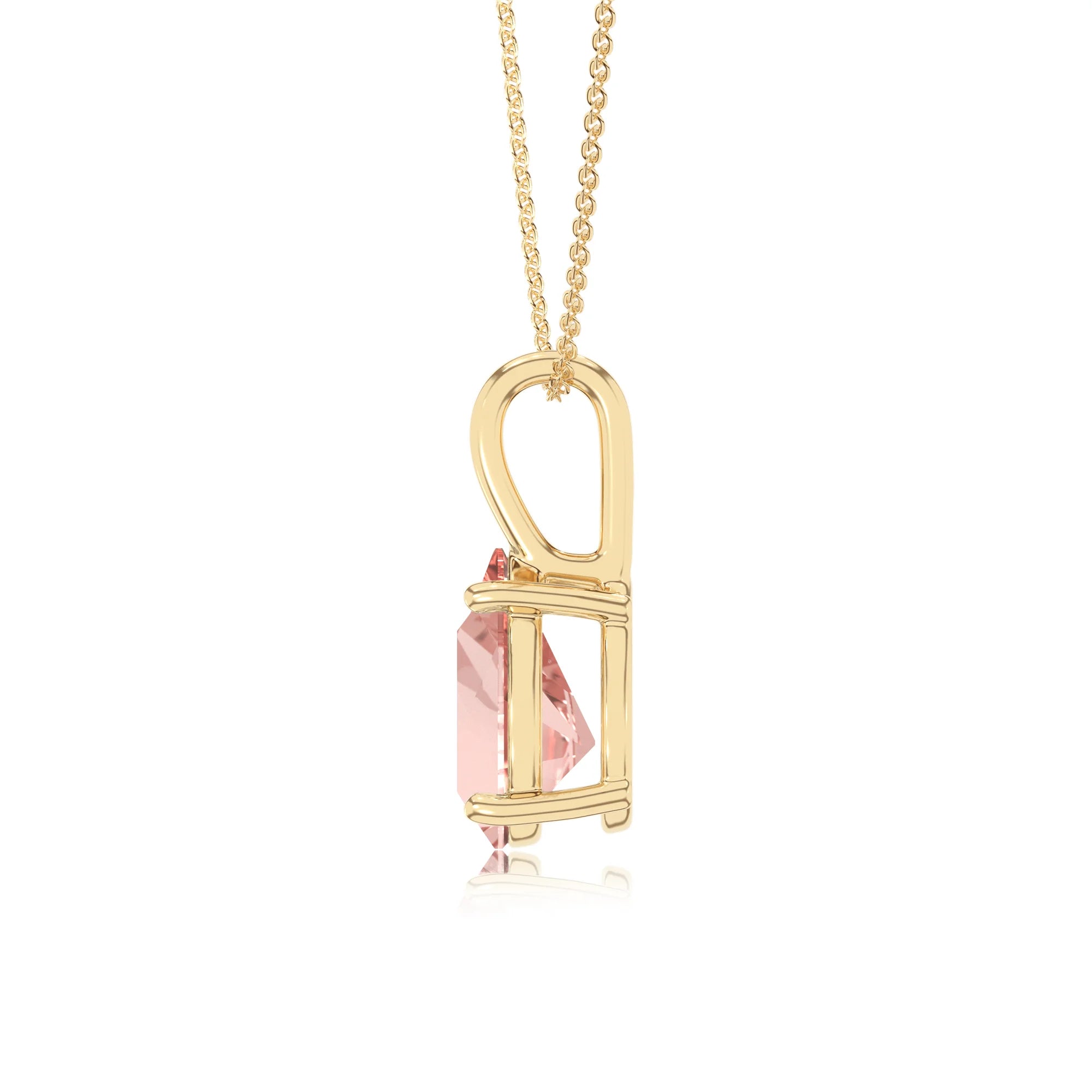 lab grown morganite pear solitaire necklaces in yellow gold 