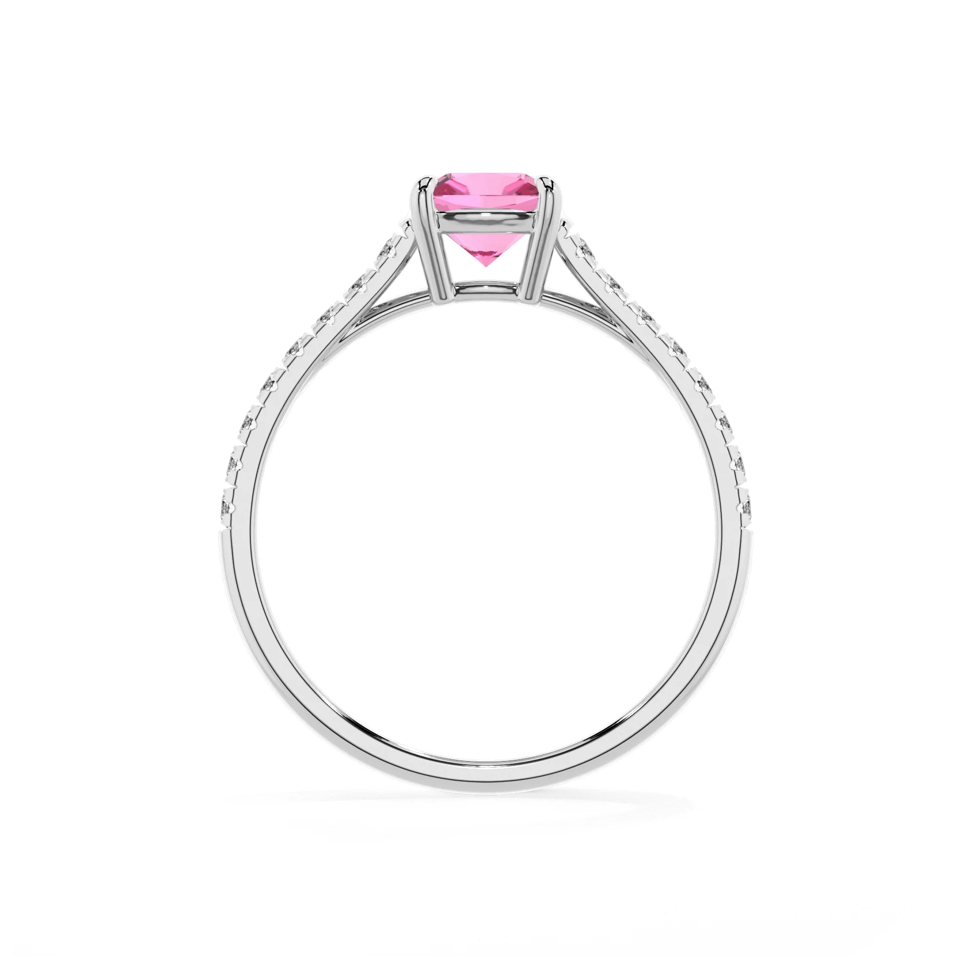 lab grown pink-sapphire cushion half eternity solitaire engagement rings in sterling silver 