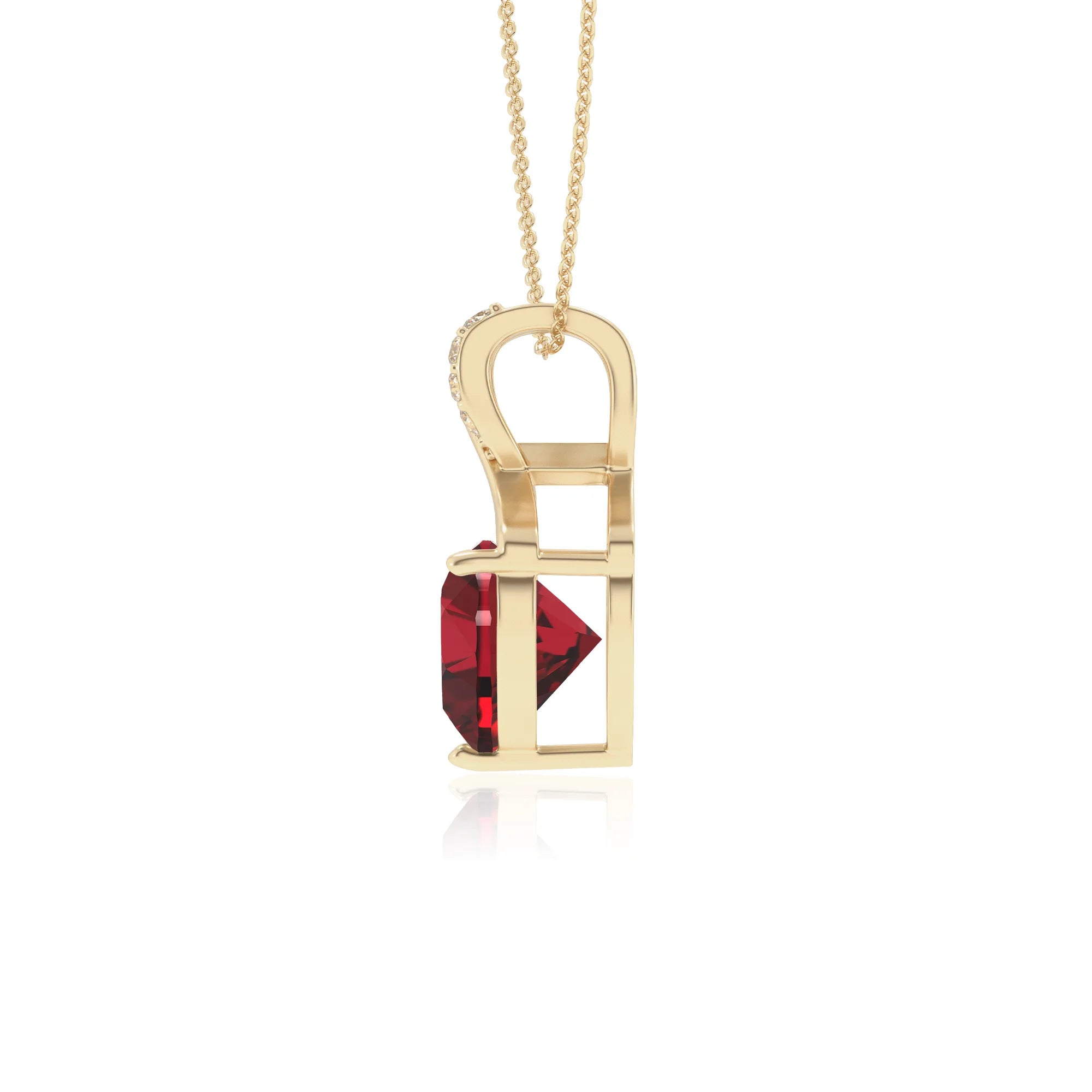 lab grown ruby heart solitaire necklaces in yellow gold 