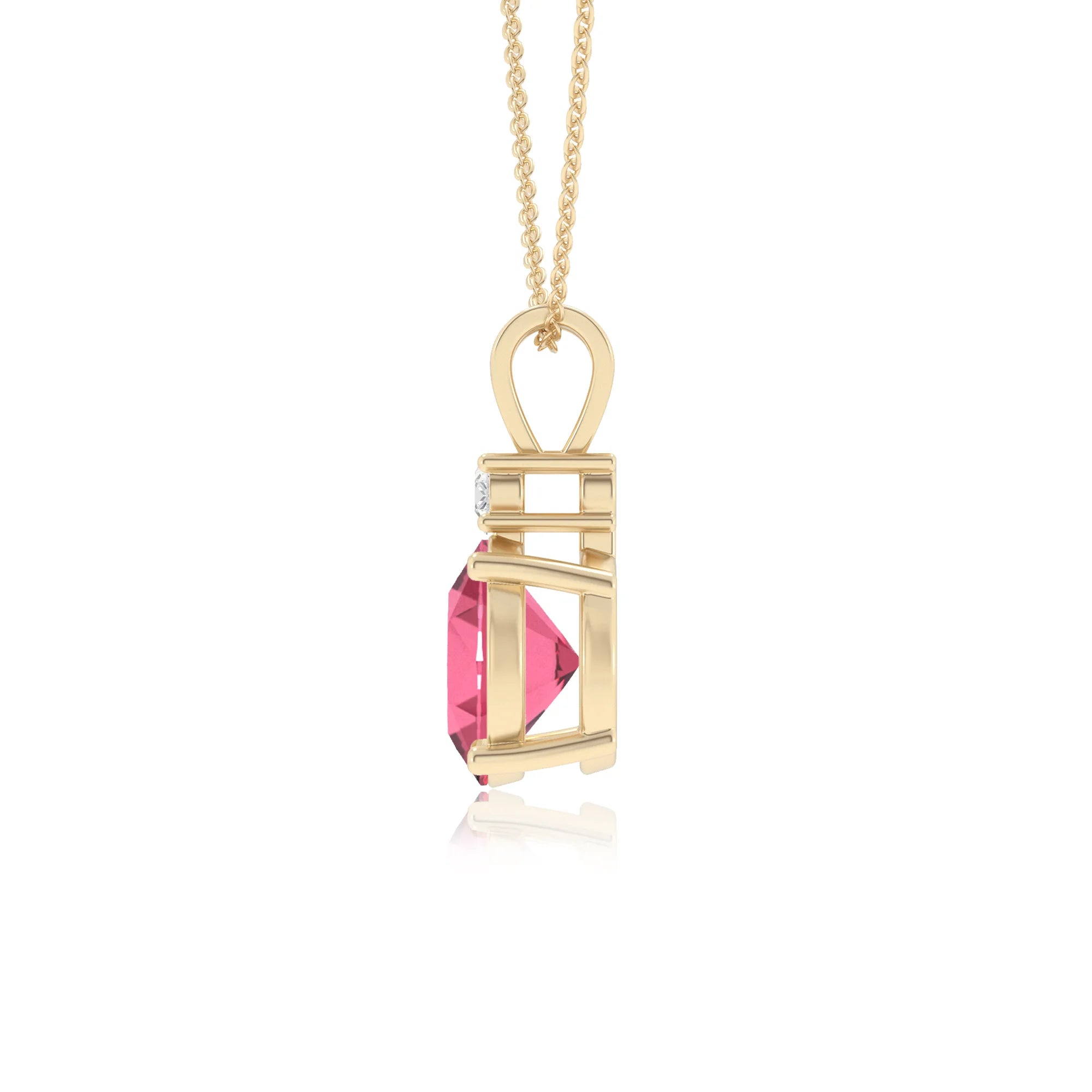 lab grown pink-tourmaline round solitaire v-bale necklaces in yellow gold 