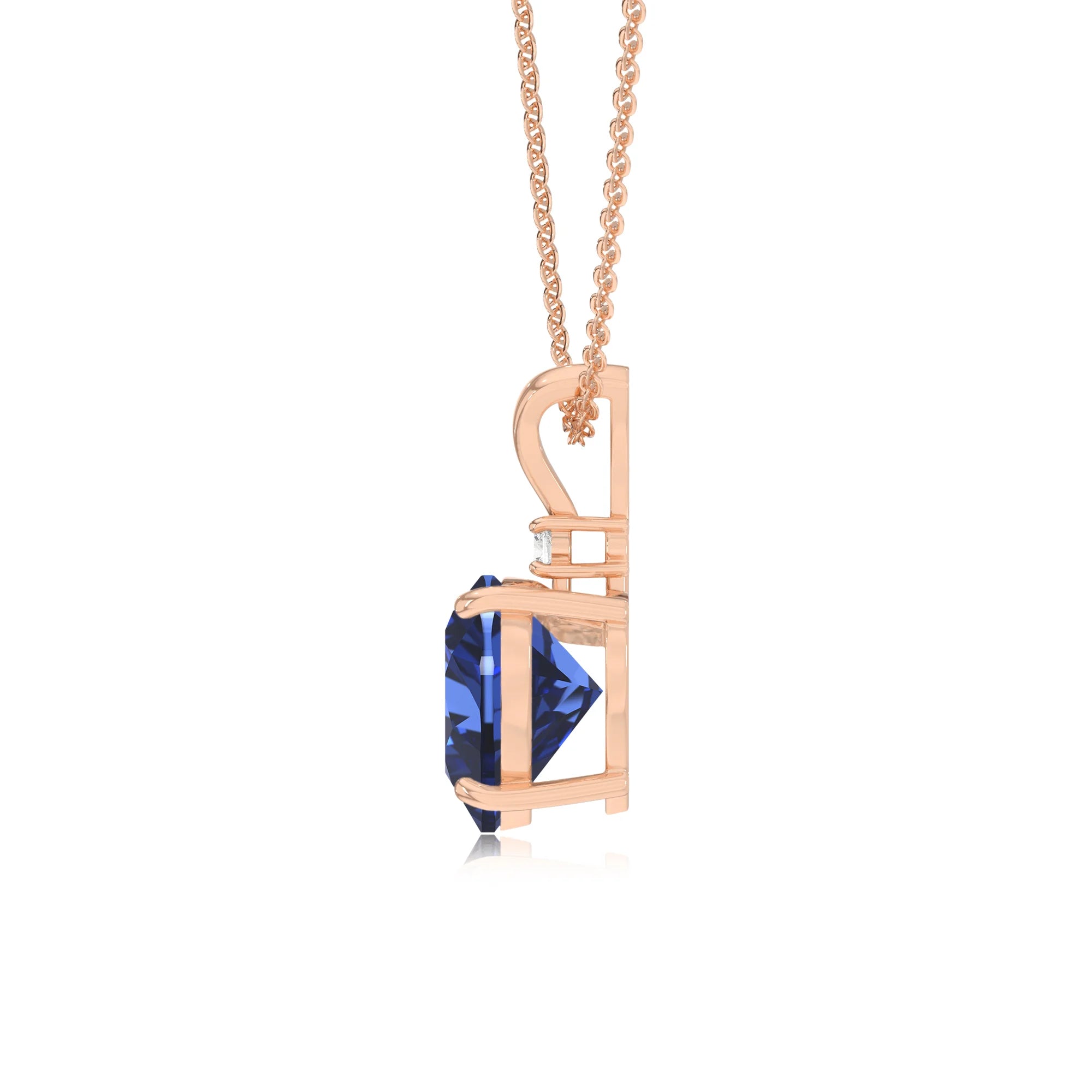 lab grown blue-sapphire heart solitaire v-bale necklaces in rose gold 