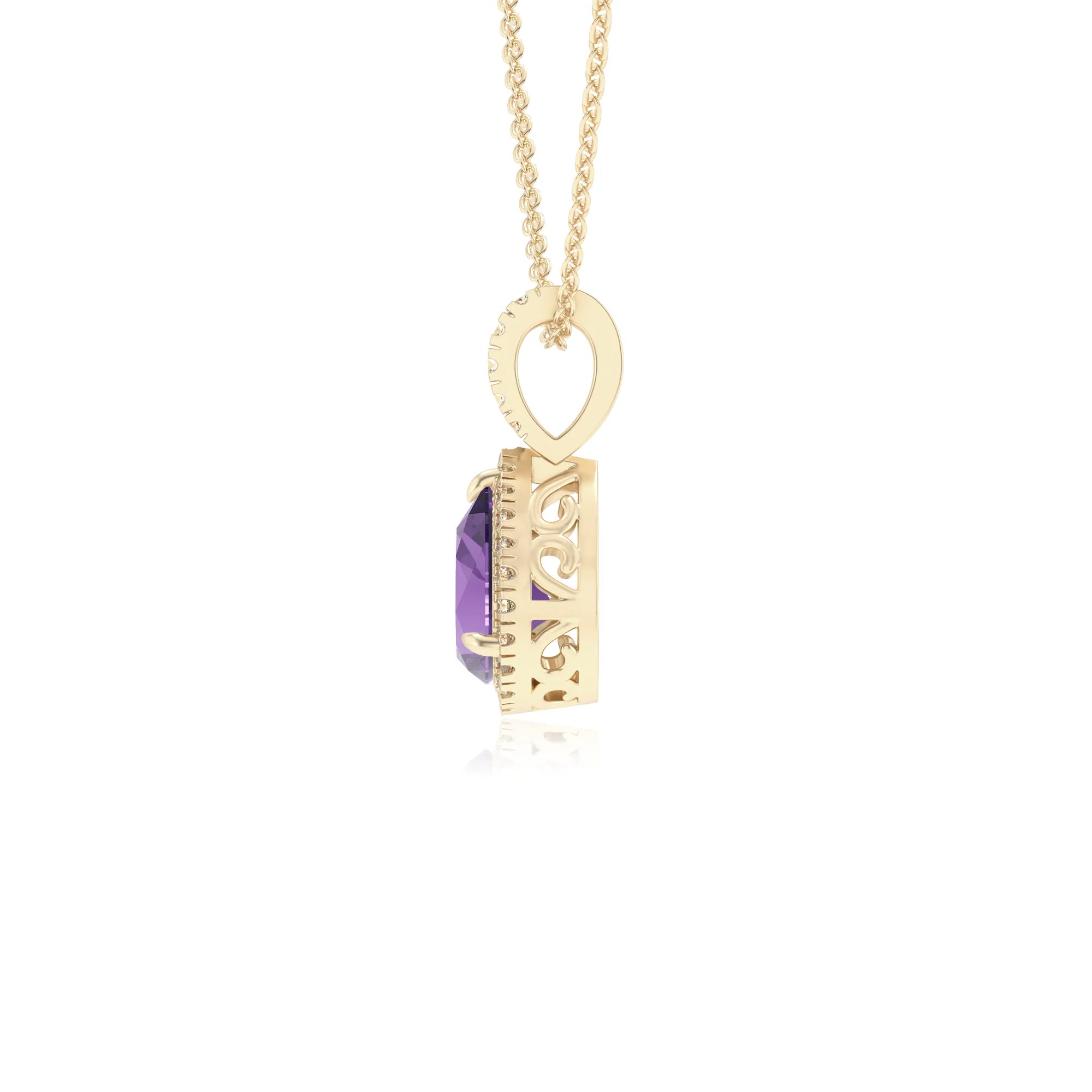 lab grown amethyst pear solitaire necklaces in yellow gold 