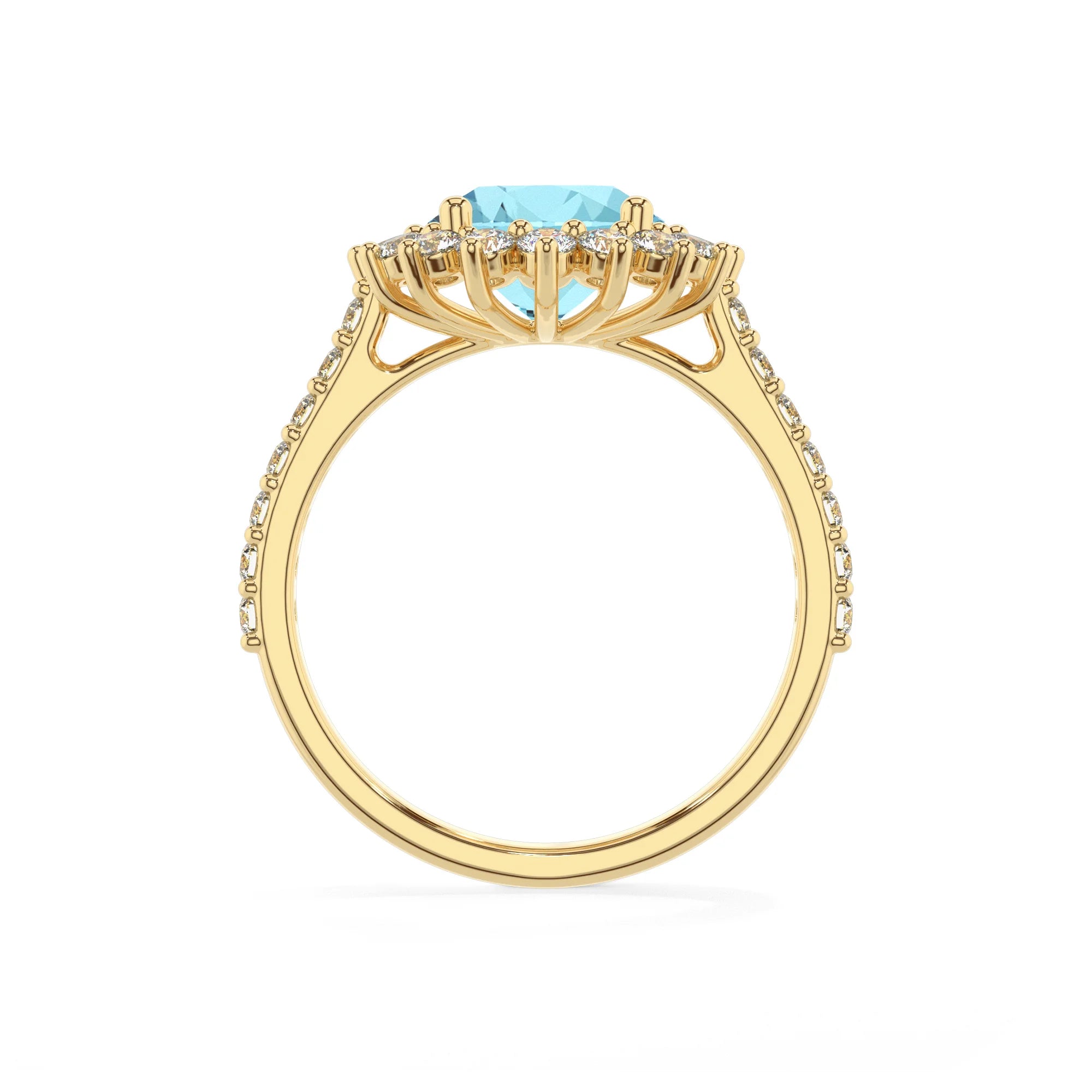 lab grown aquamarine round solitaire rings in yellow gold 