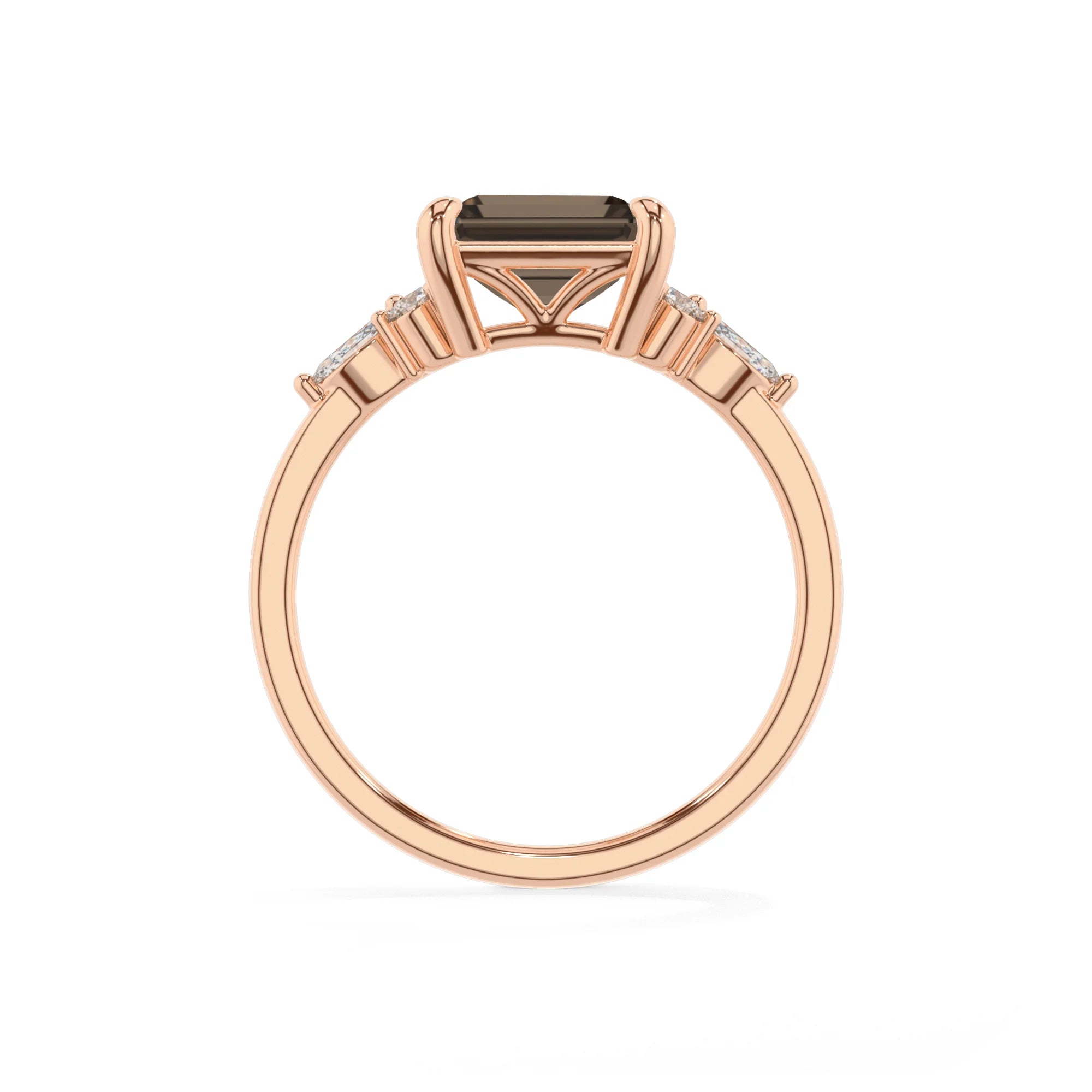 natural smoky-quartz emerald cut solitaire rings in rose gold 
