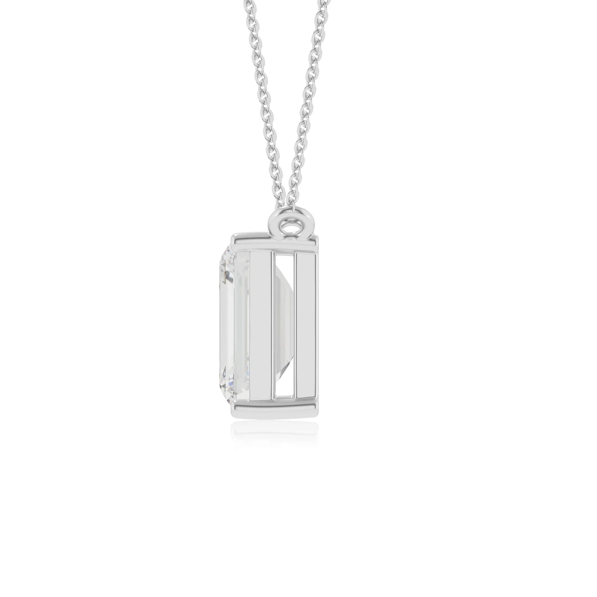 lab grown moissanite emerald cut solitaire necklaces in white gold 