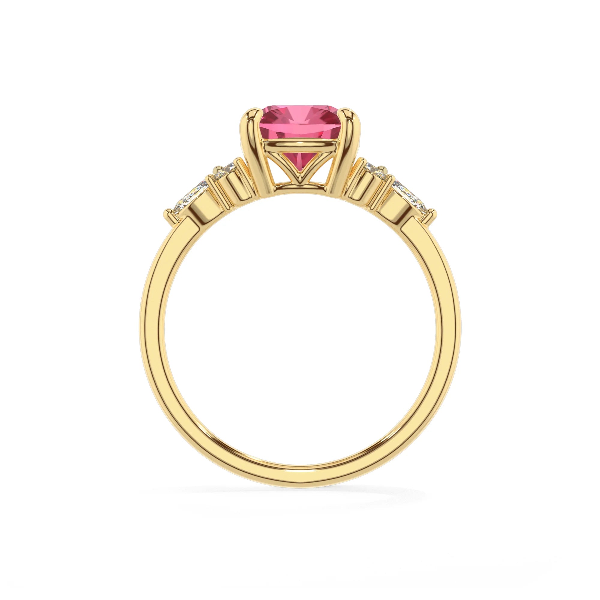 lab grown pink-tourmaline cushion solitaire rings in yellow gold 