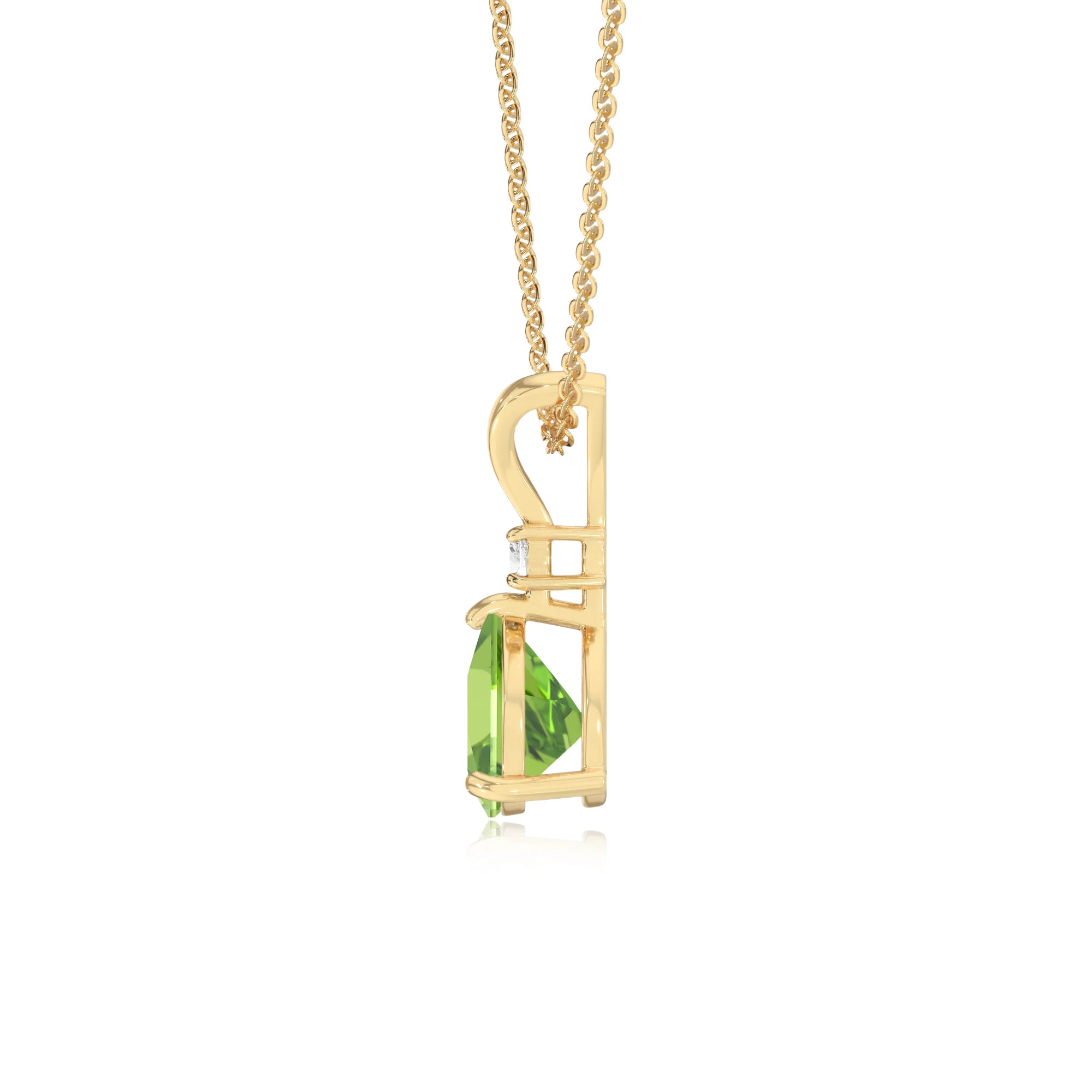 natural peridot trillion solitaire v-bale necklaces in yellow gold 
