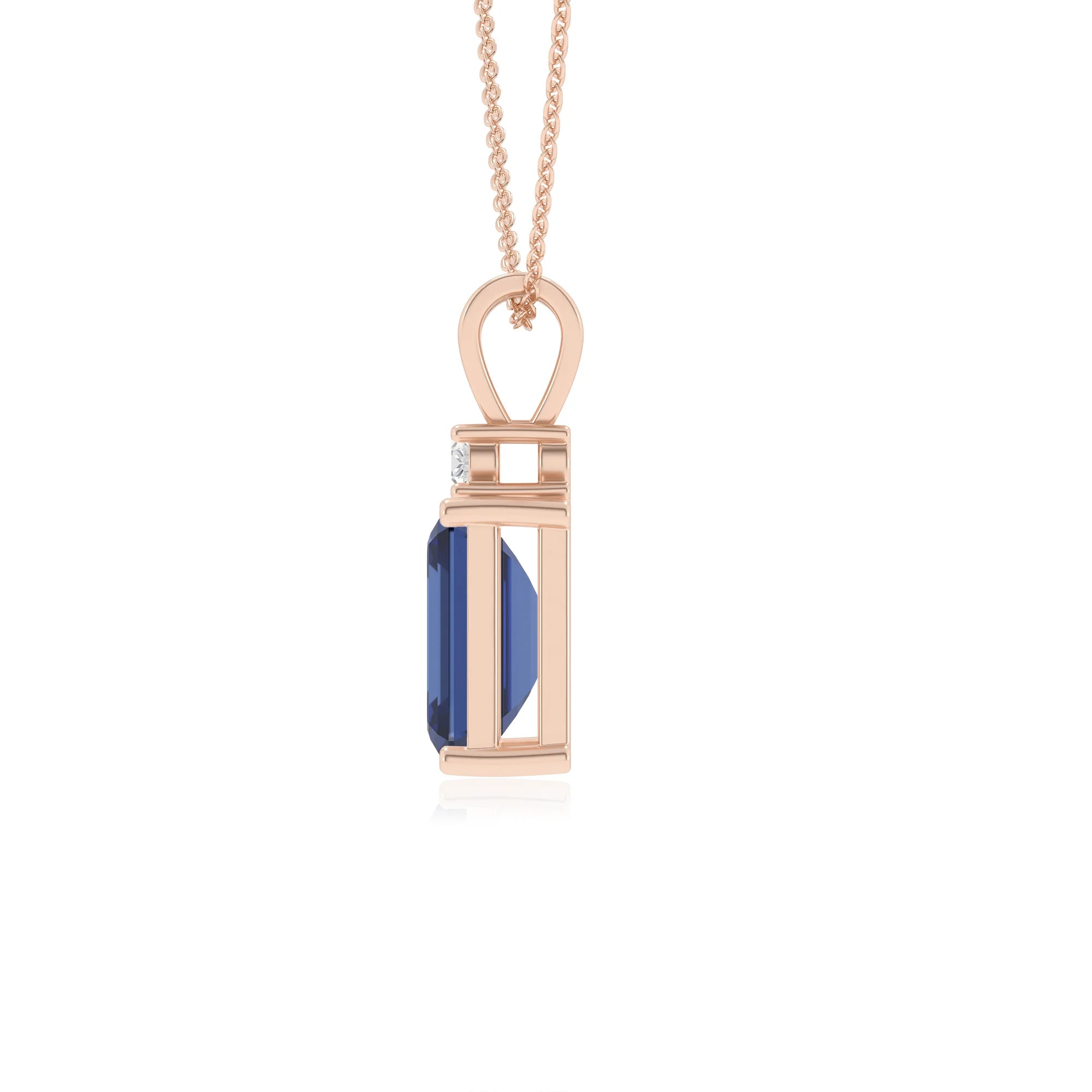 lab grown blue-sapphire emerald cut solitaire v-bale necklaces in rose gold 