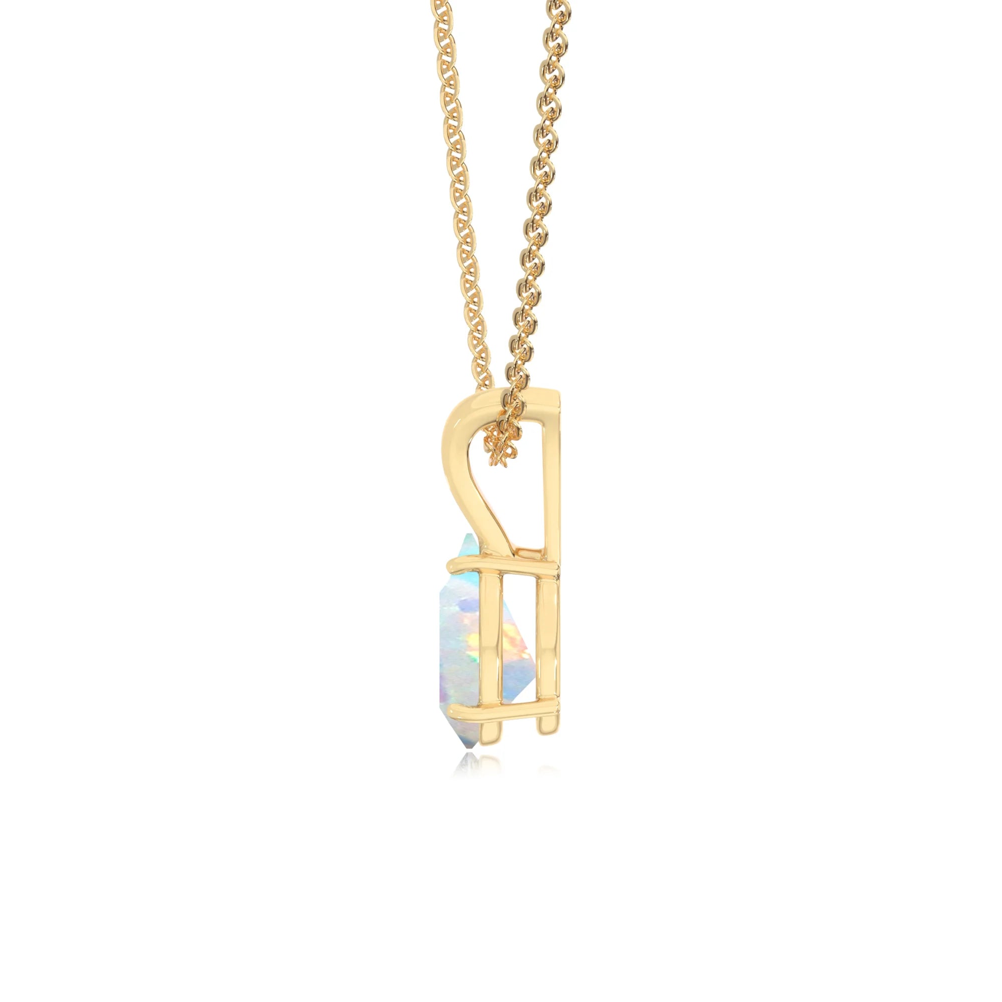lab grown opal pear solitaire v-bale necklaces in yellow gold 