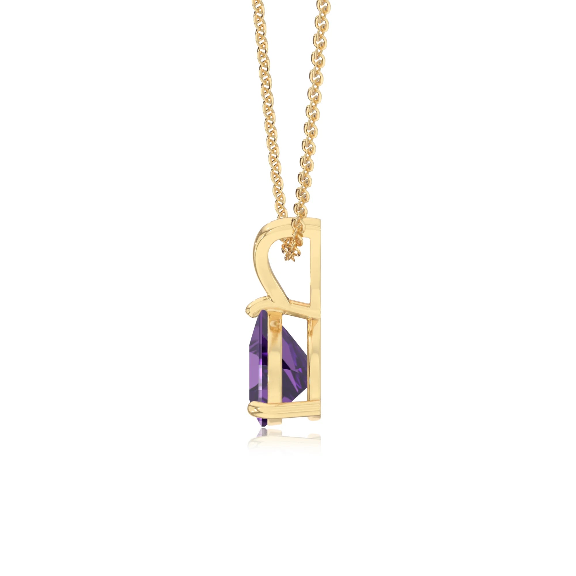 lab grown amethyst trillion solitaire v-bale necklaces in yellow gold 