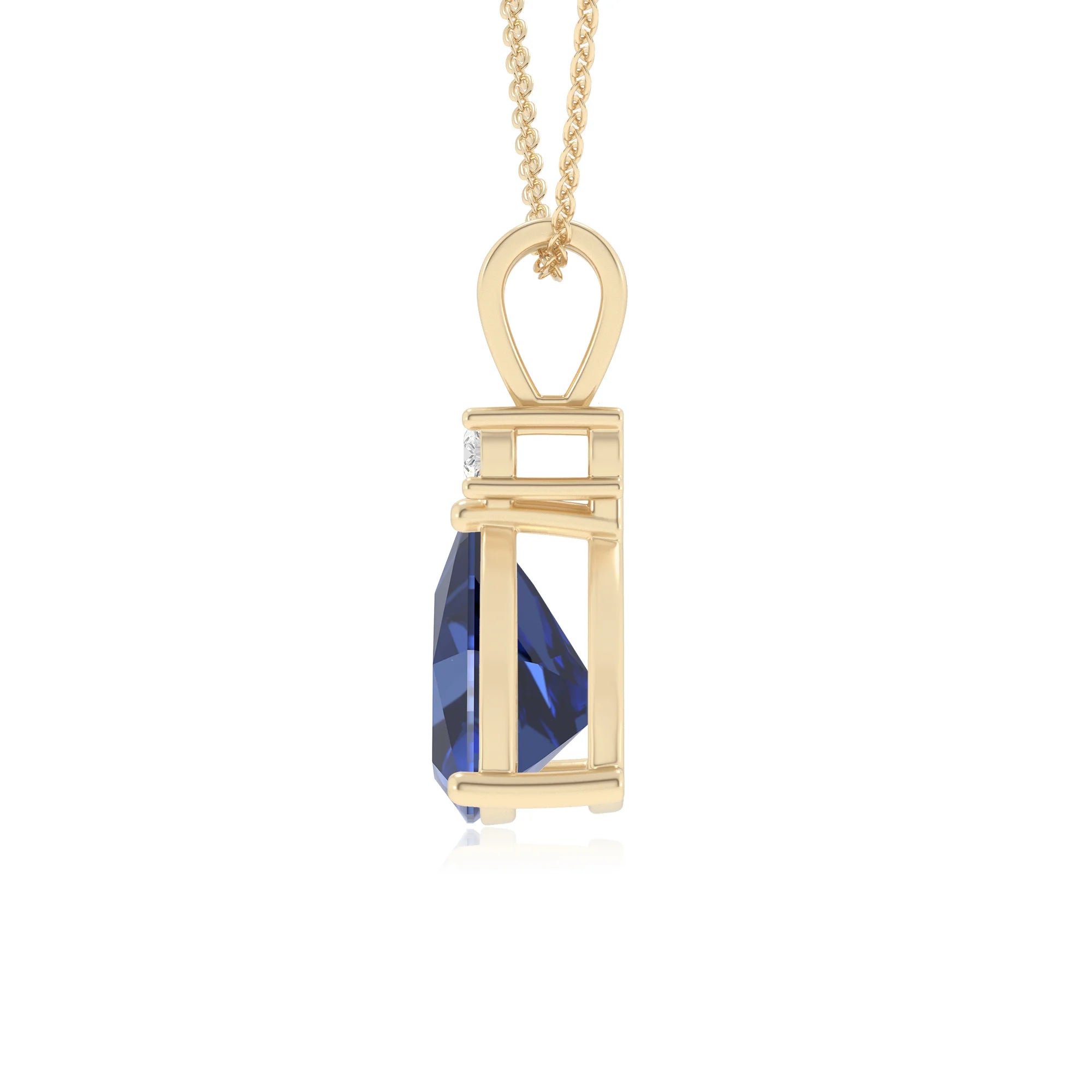 lab grown blue-sapphire trillion solitaire v-bale necklaces in yellow gold 