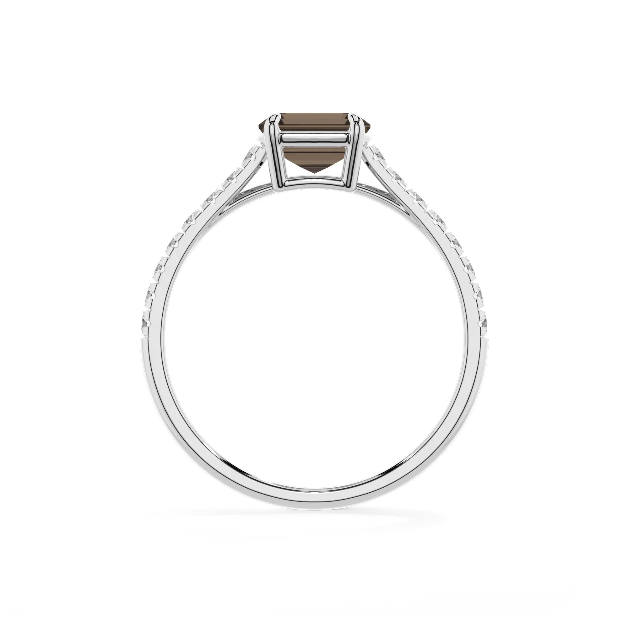 natural smoky-quartz emerald cut half eternity solitaire engagement rings in white gold 