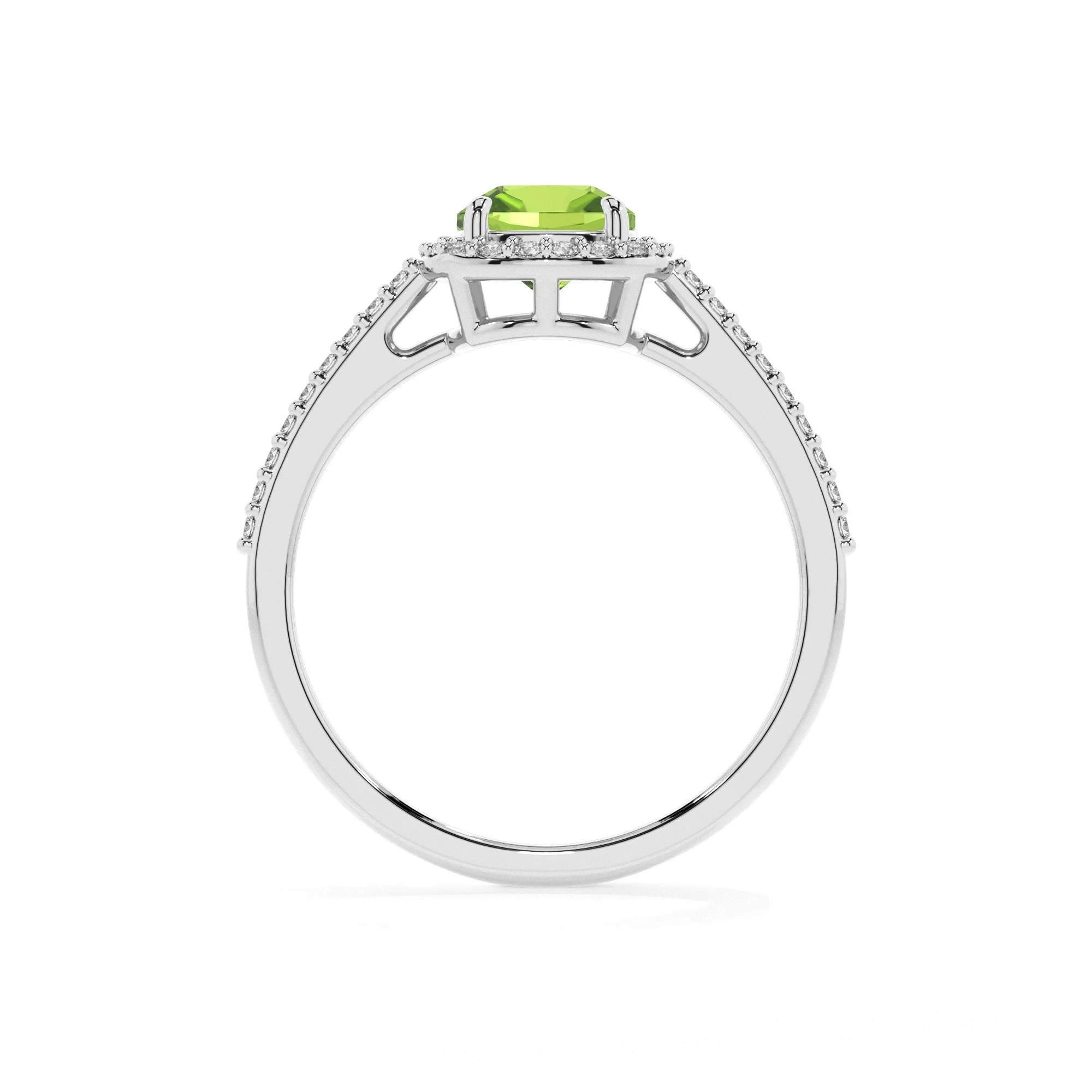 natural peridot cushion solitaire rings in platinum 
