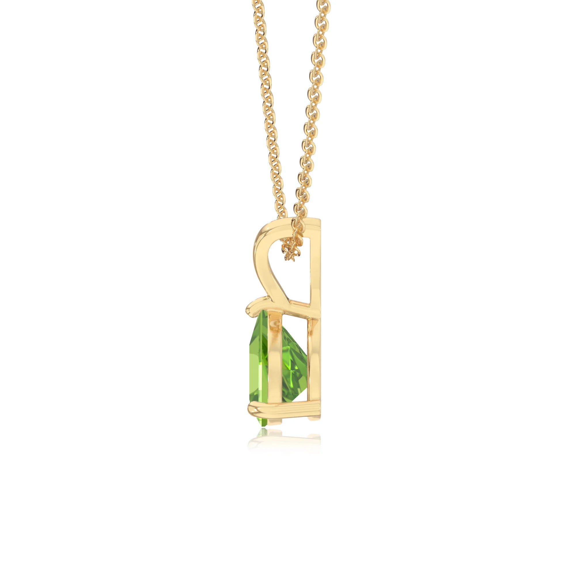 natural peridot trillion solitaire v-bale necklaces in yellow gold 