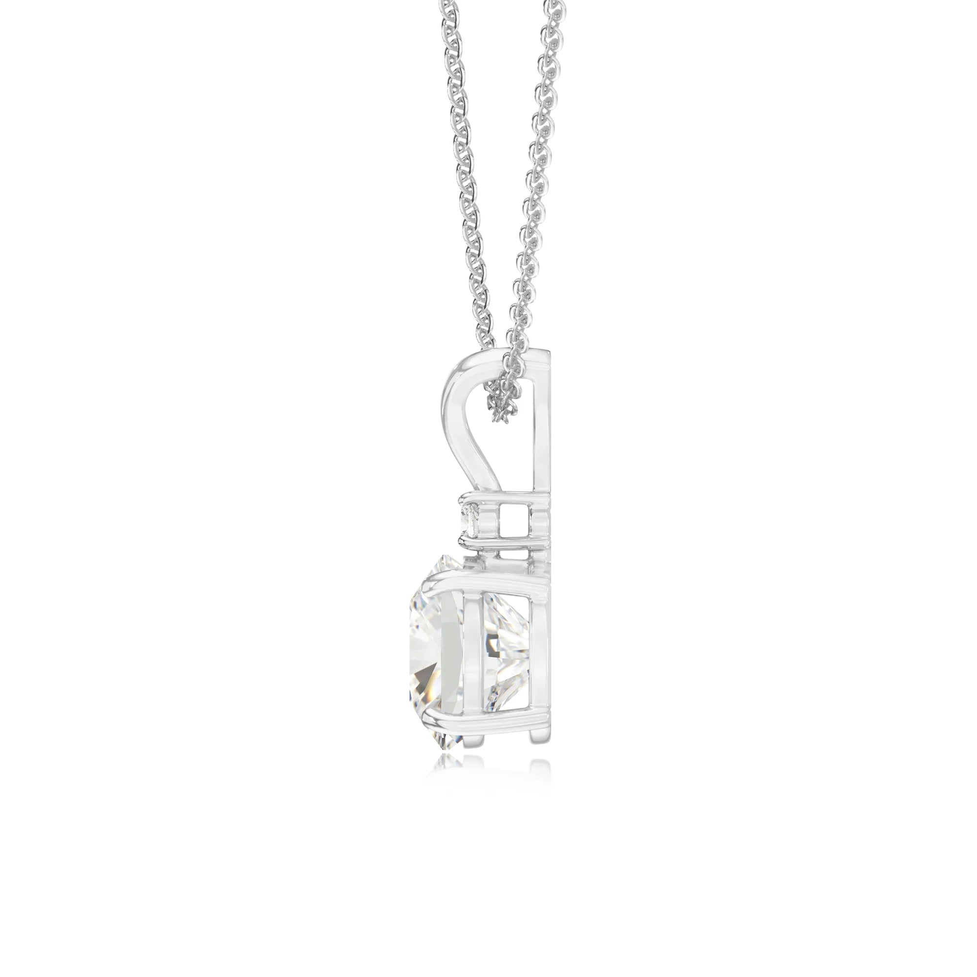 lab grown moissanite cushion solitaire v-bale necklaces in white gold 