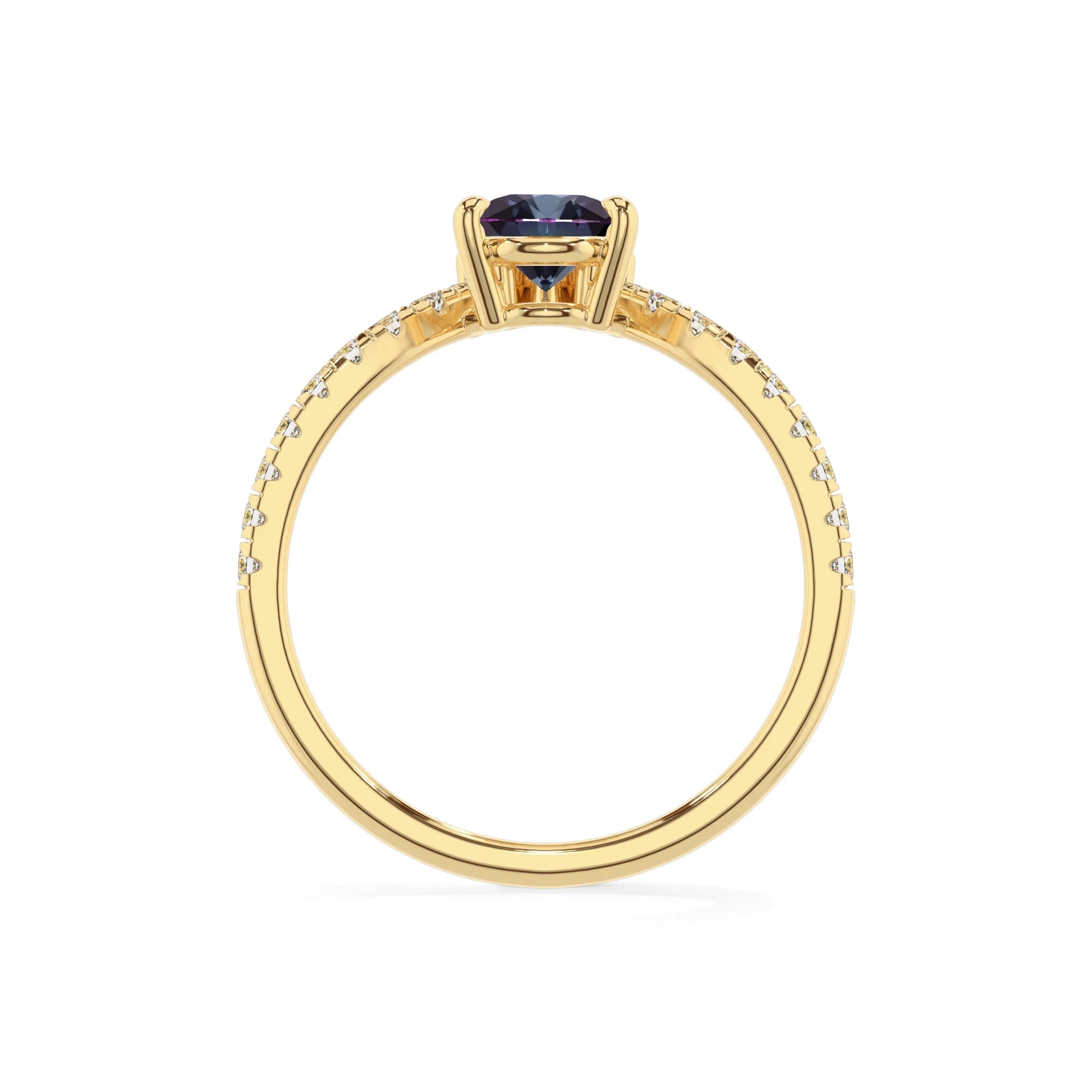 lab grown alexandrite pear solitaire rings in yellow gold 