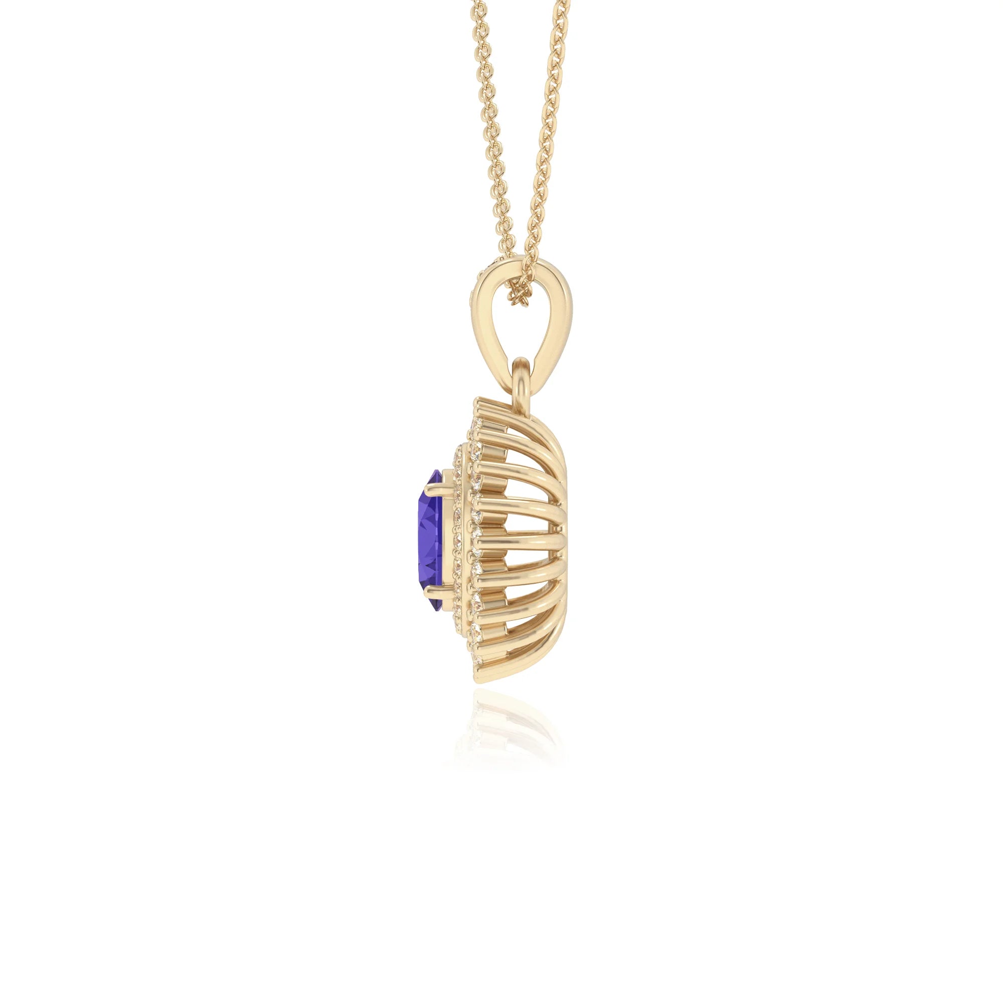lab grown tanzanite oval halo necklaces in yellow gold 
