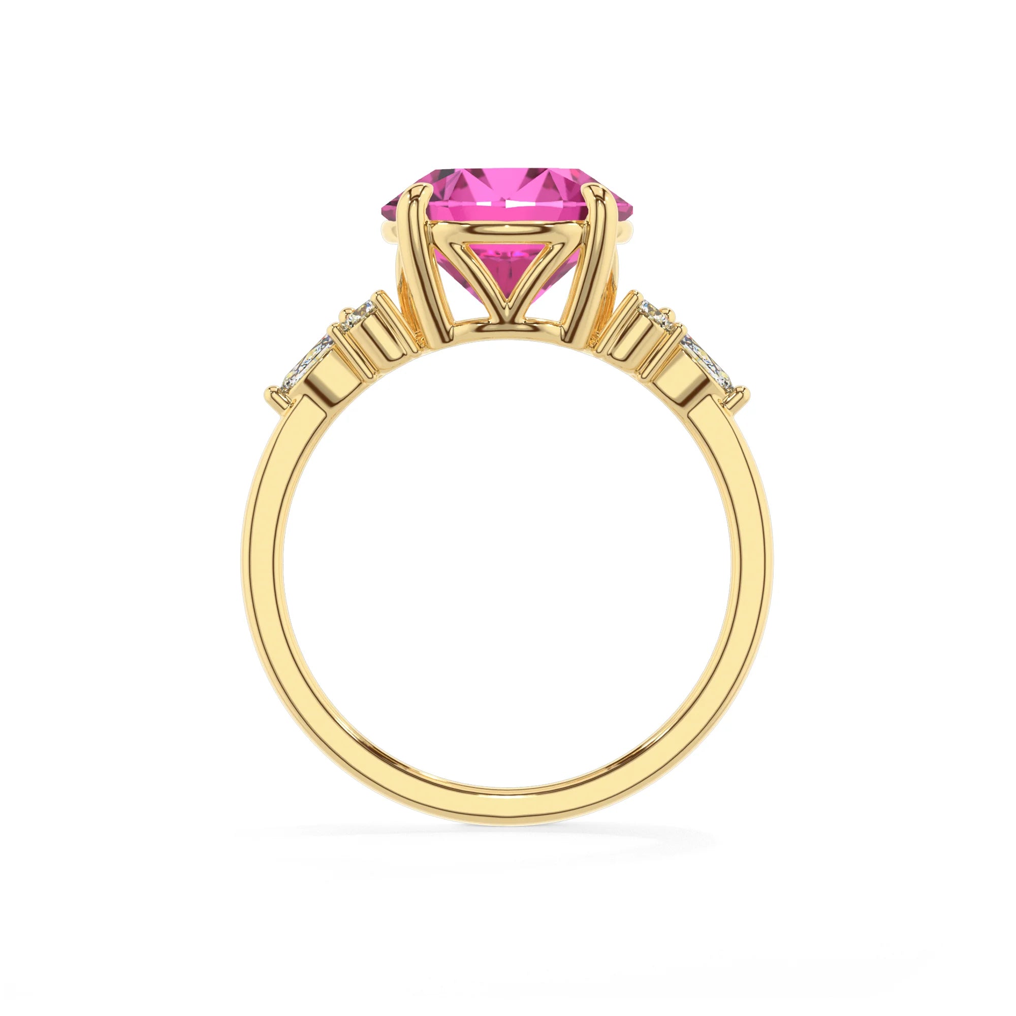 lab grown pink-sapphire round solitaire rings in yellow gold 