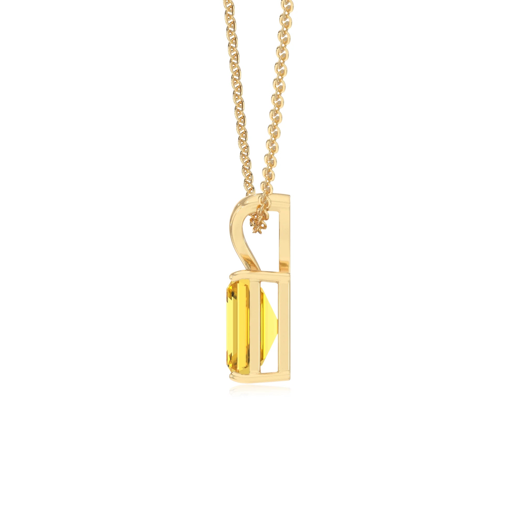 lab grown yellow-sapphire emerald cut solitaire v-bale necklaces in yellow gold 