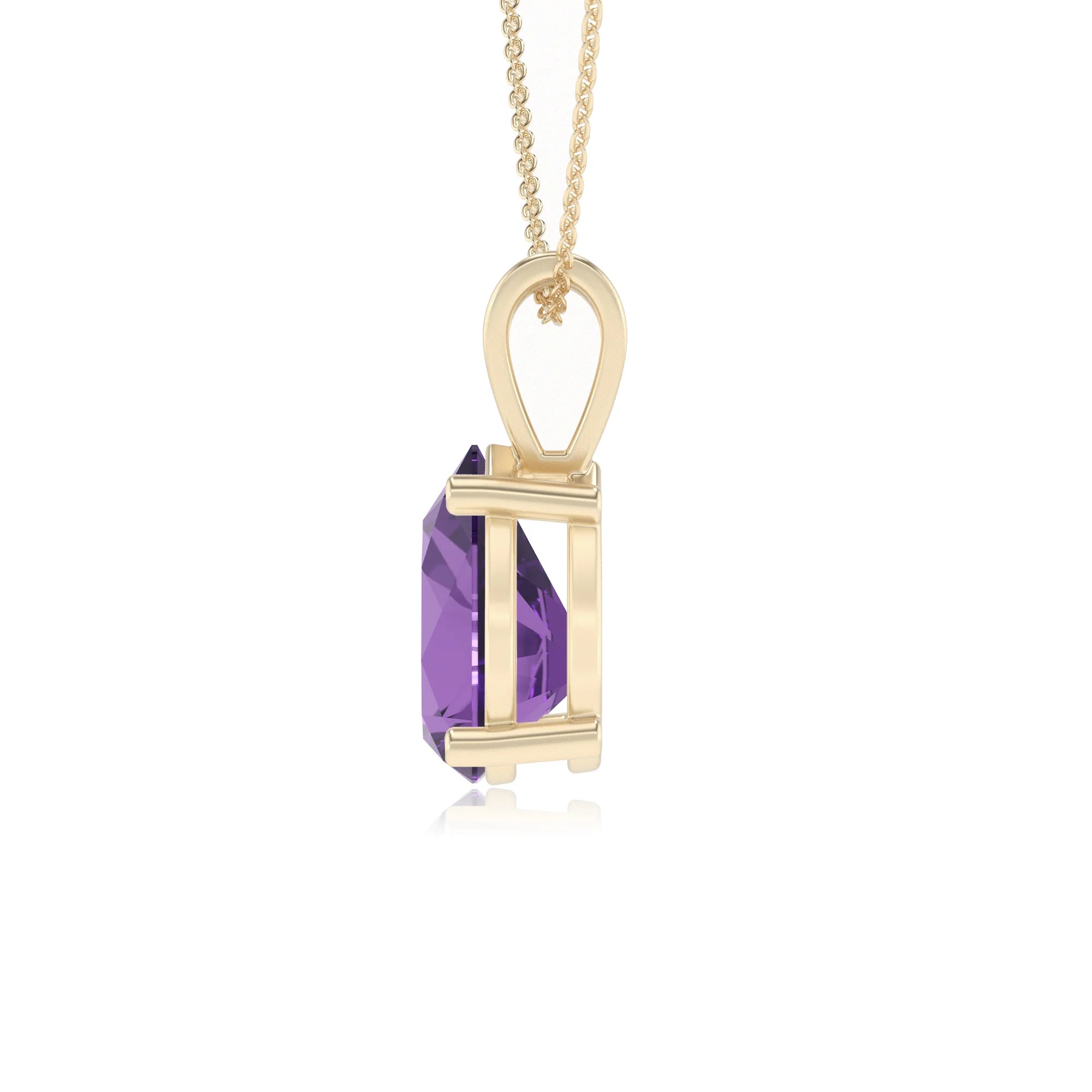 lab grown amethyst pear solitaire v-bale necklaces in yellow gold 