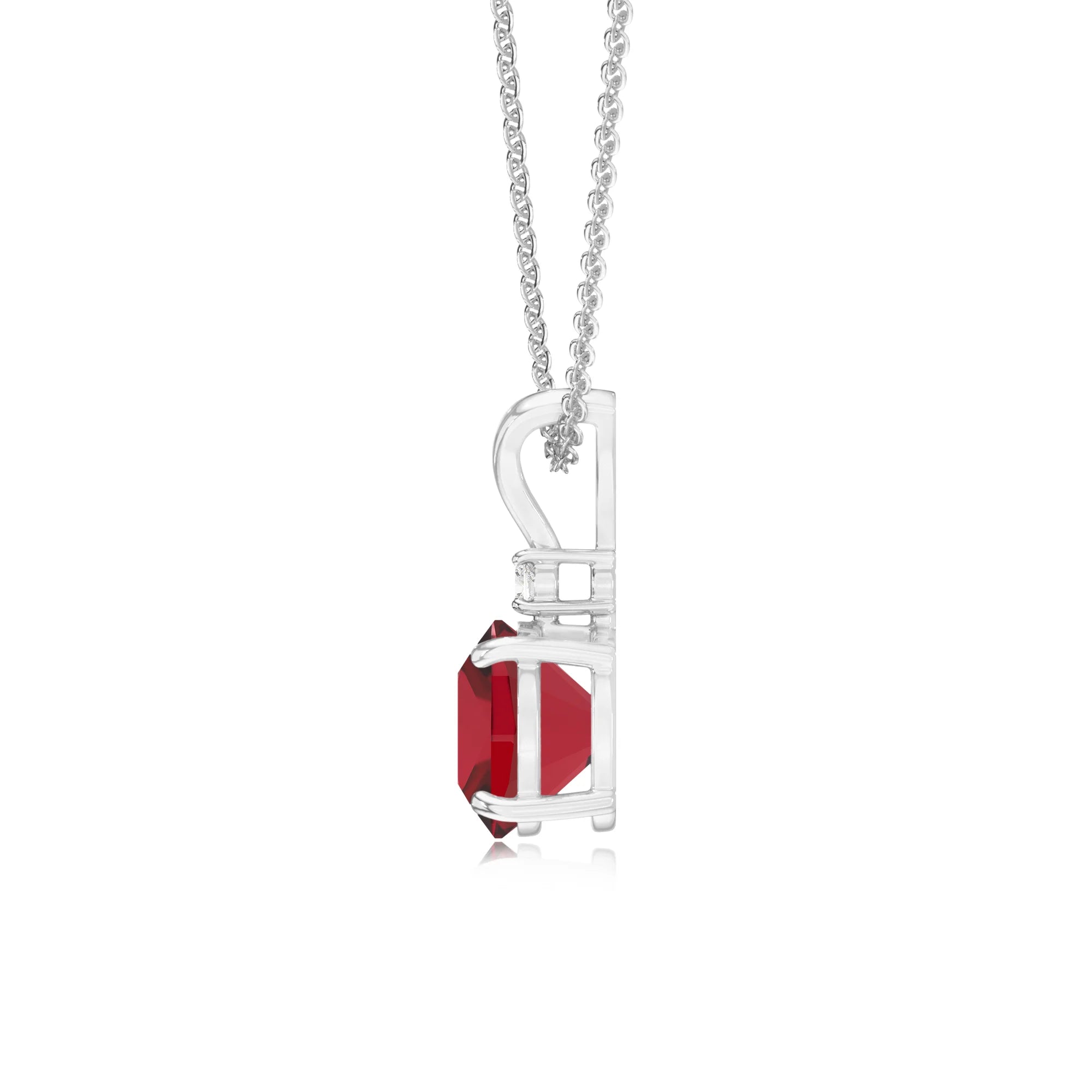 lab grown ruby cushion solitaire v-bale necklaces in white gold 